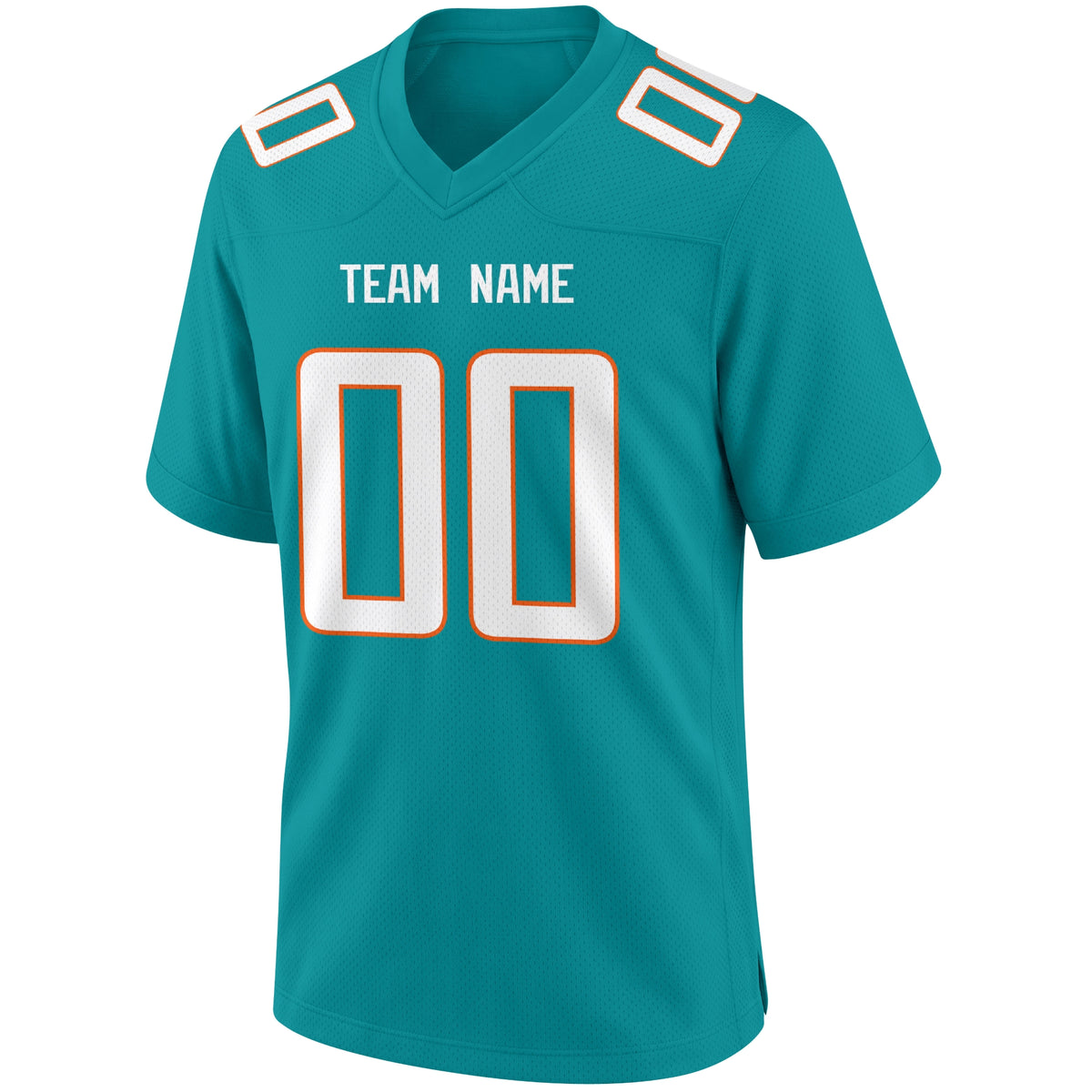 Miami Aqua football jersey front view with V neck city lettering shoulder numbers and large front number