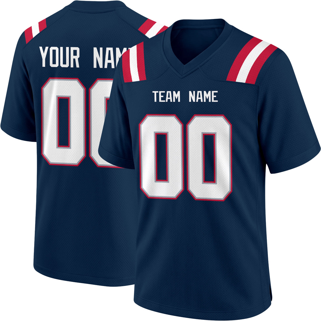 New England personalized Navy football jersey showing front city lettering and number with back custom name and number