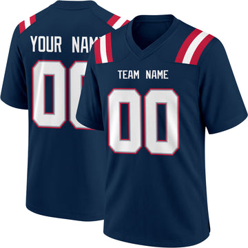 New England personalized Navy football jersey showing front city lettering and number with back custom name and number