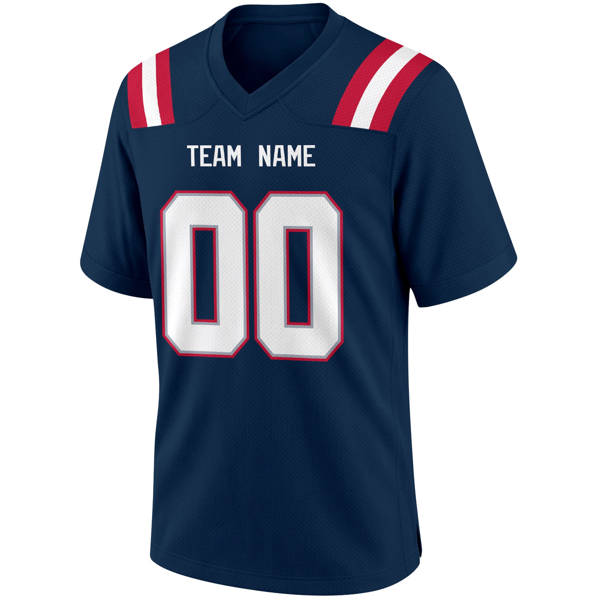New England Navy football jersey front view with V neck city lettering shoulder numbers and large front number