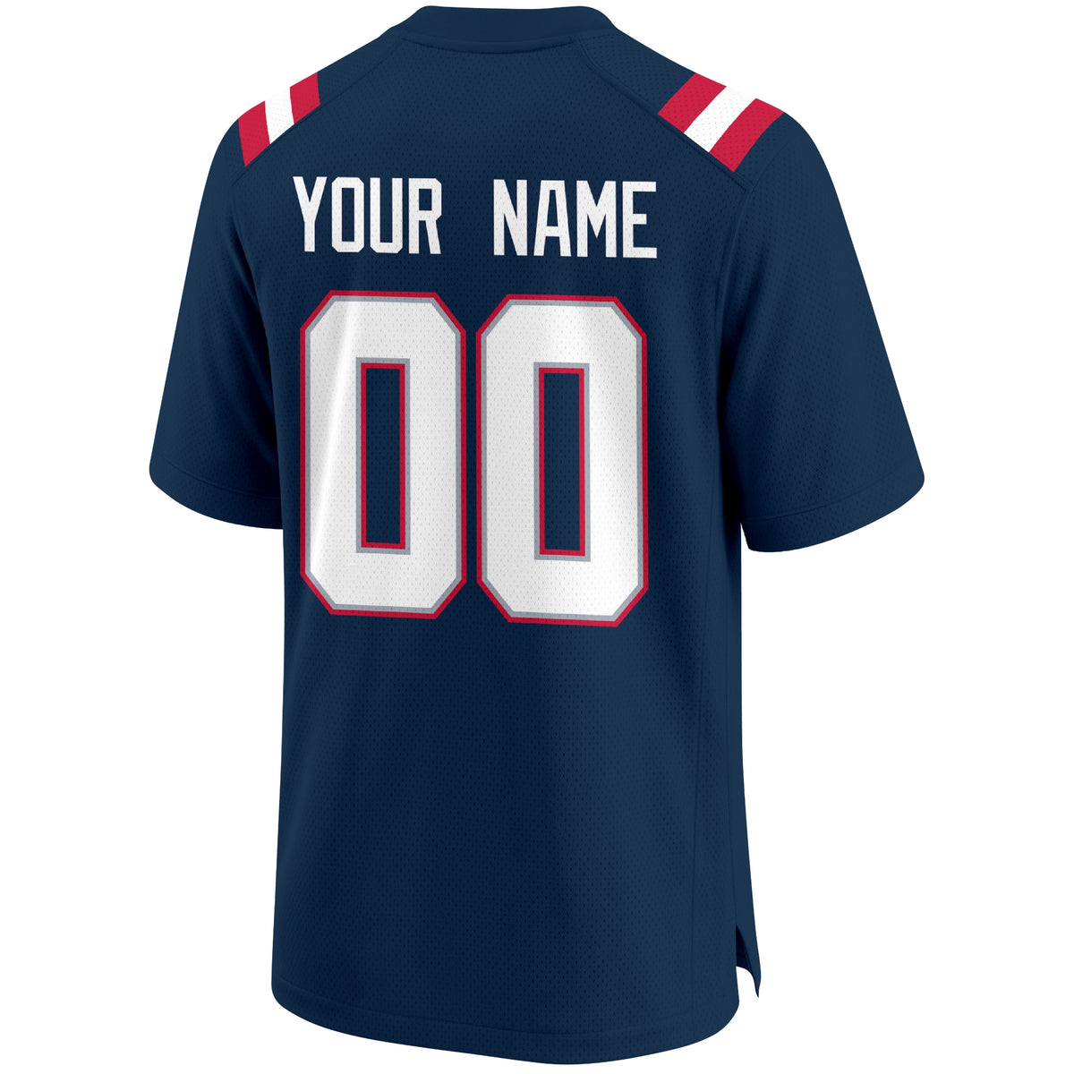 New England personalized Navy football jersey back view with custom name and large jersey number