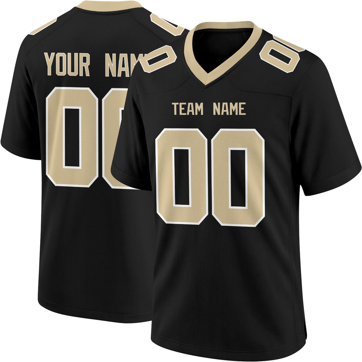 New Orleans personalized Black football jersey showing front city lettering and number with back custom name and number