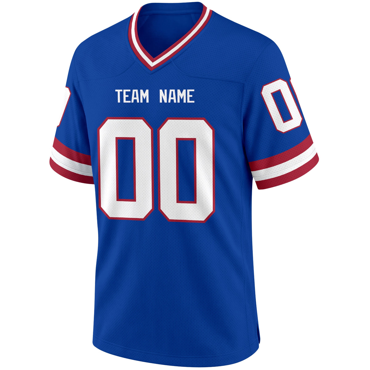 New York Blue Royal Blue football jersey front view with V neck city lettering shoulder numbers and large front number
