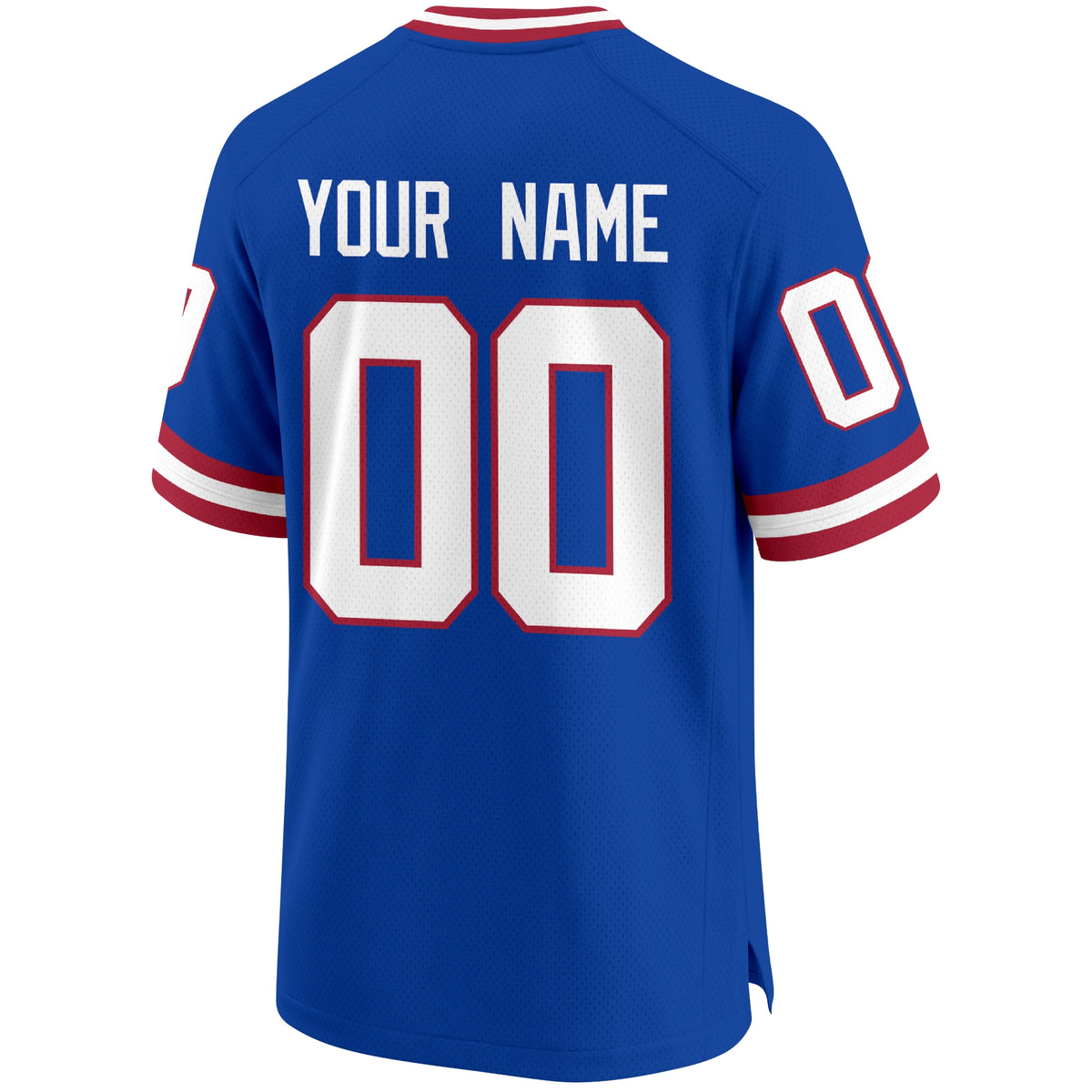 New York Blue personalized Royal Blue football jersey back view with custom name and large jersey number