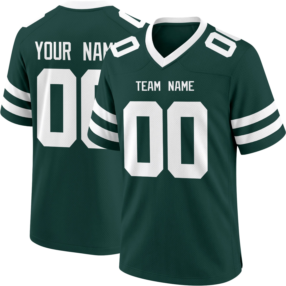 New York Green personalized Dark Green football jersey showing front city lettering and number with back custom name and number