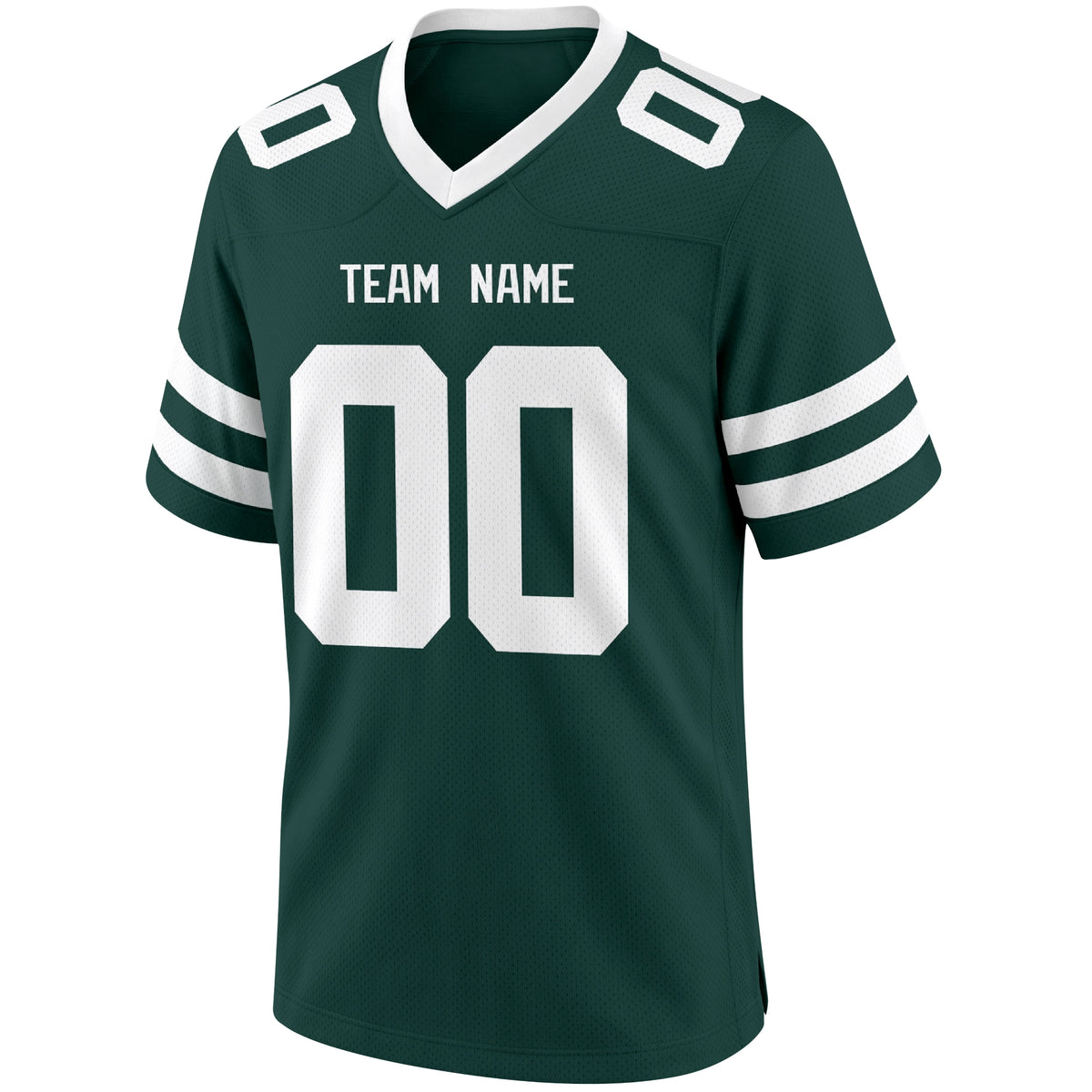 New York Green Dark Green football jersey front view with V neck city lettering shoulder numbers and large front number