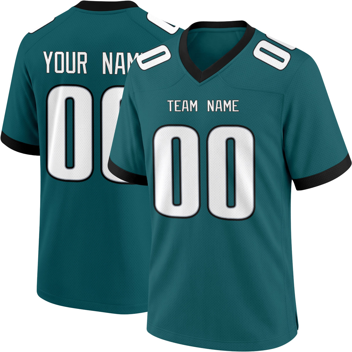 Philadelphia personalized Teal football jersey showing front city lettering and number with back custom name and number