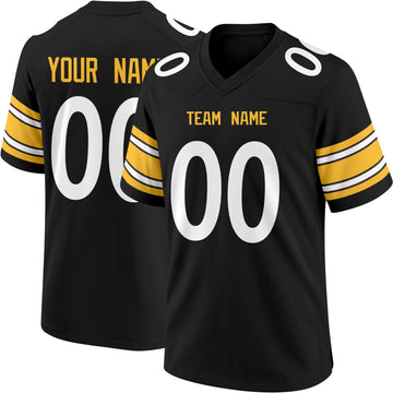 Pittsburgh personalized Black football jersey showing front city lettering and number with back custom name and number
