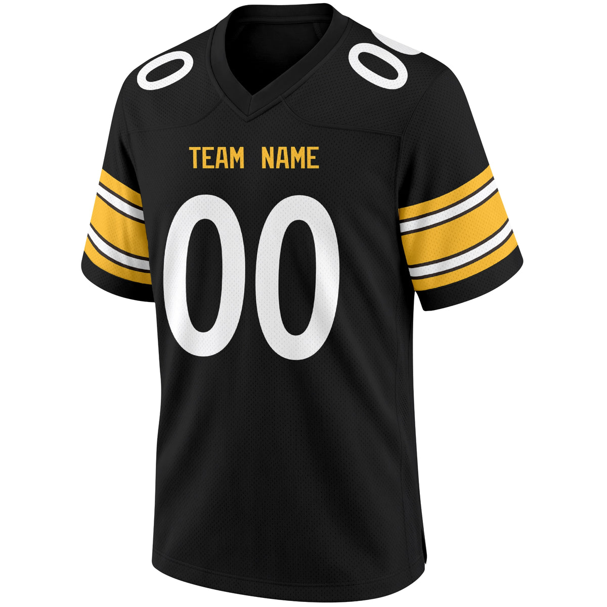 Pittsburgh Black football jersey front view with V neck city lettering shoulder numbers and large front number