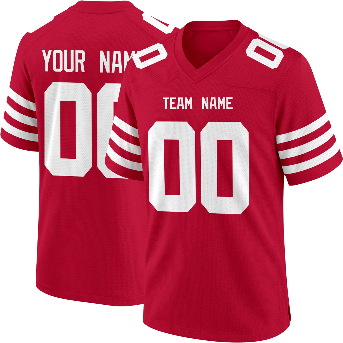 San Francisco personalized Red football jersey showing front city lettering and number with back custom name and number