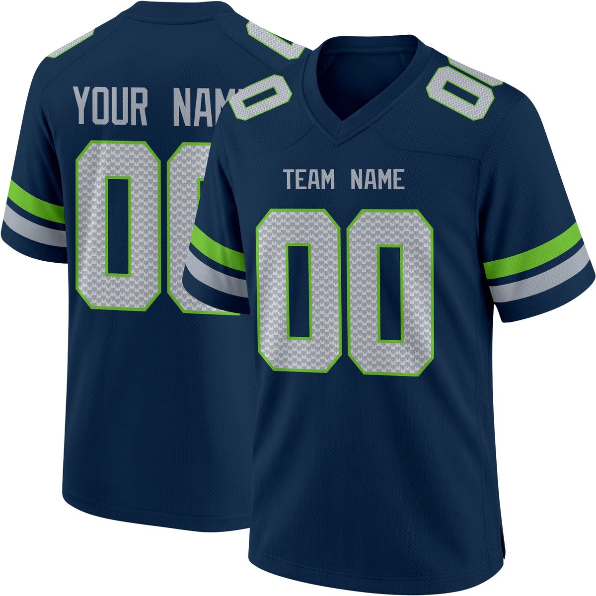 Seattle personalized Navy football jersey showing front city lettering and number with back custom name and number