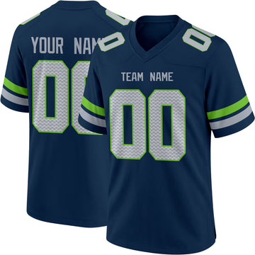 Seattle personalized Navy football jersey showing front city lettering and number with back custom name and number