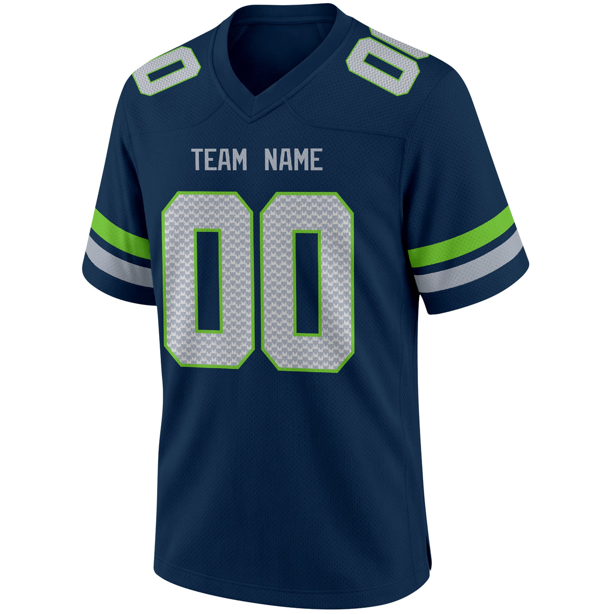 Seattle Navy football jersey front view with V neck city lettering shoulder numbers and large front number