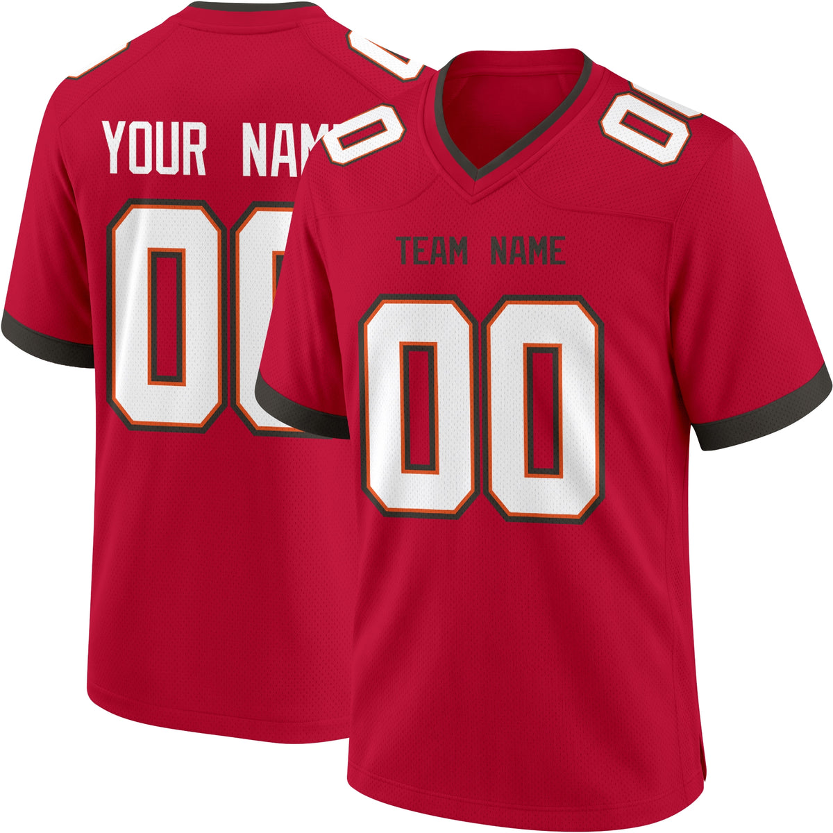 Tampa Bay personalized Red football jersey showing front city lettering and number with back custom name and number