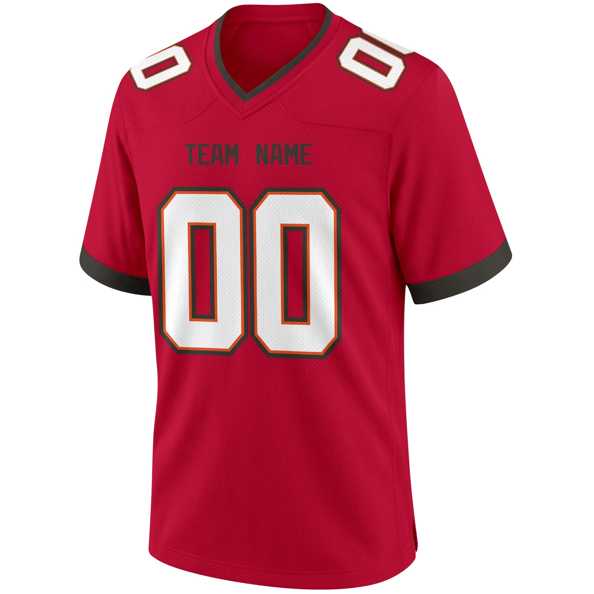 Tampa Bay Red football jersey front view with V neck city lettering shoulder numbers and large front number
