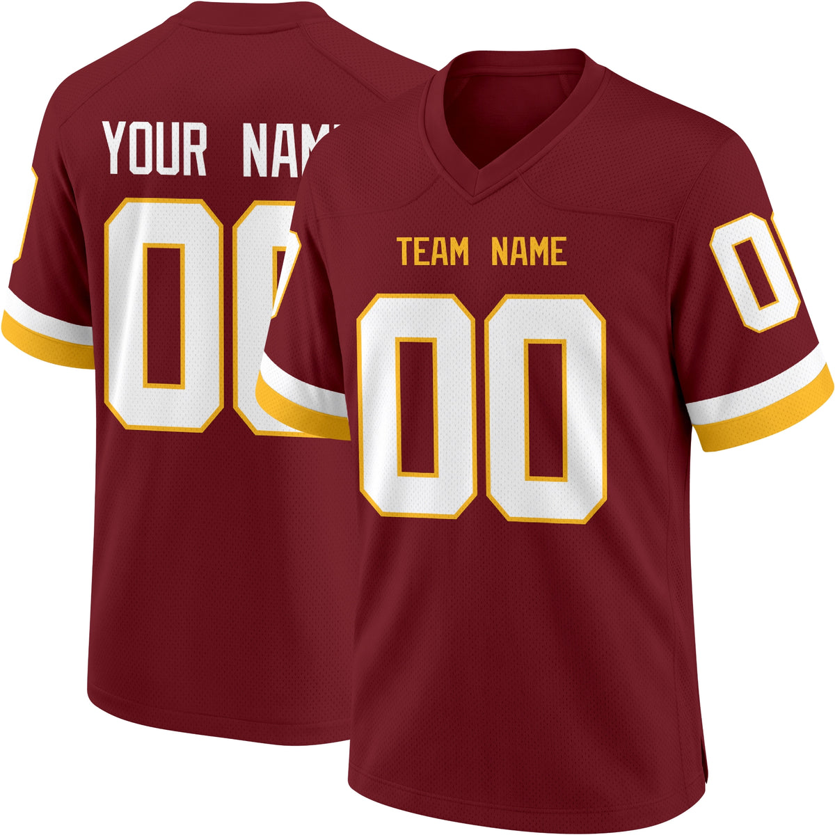 Washington personalized Burgundy football jersey showing front city lettering and number with back custom name and number
