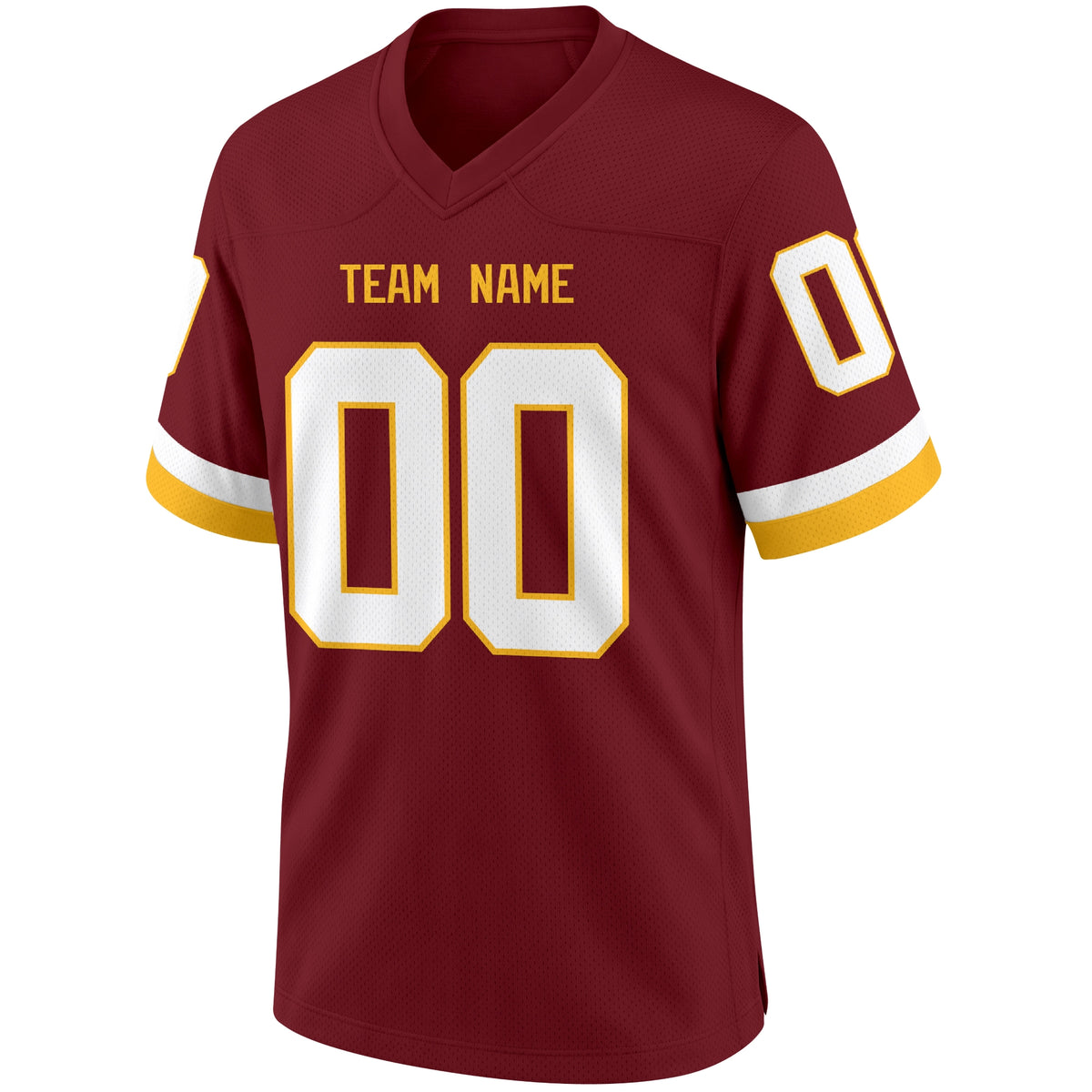 Washington Burgundy football jersey front view with V neck city lettering shoulder numbers and large front number