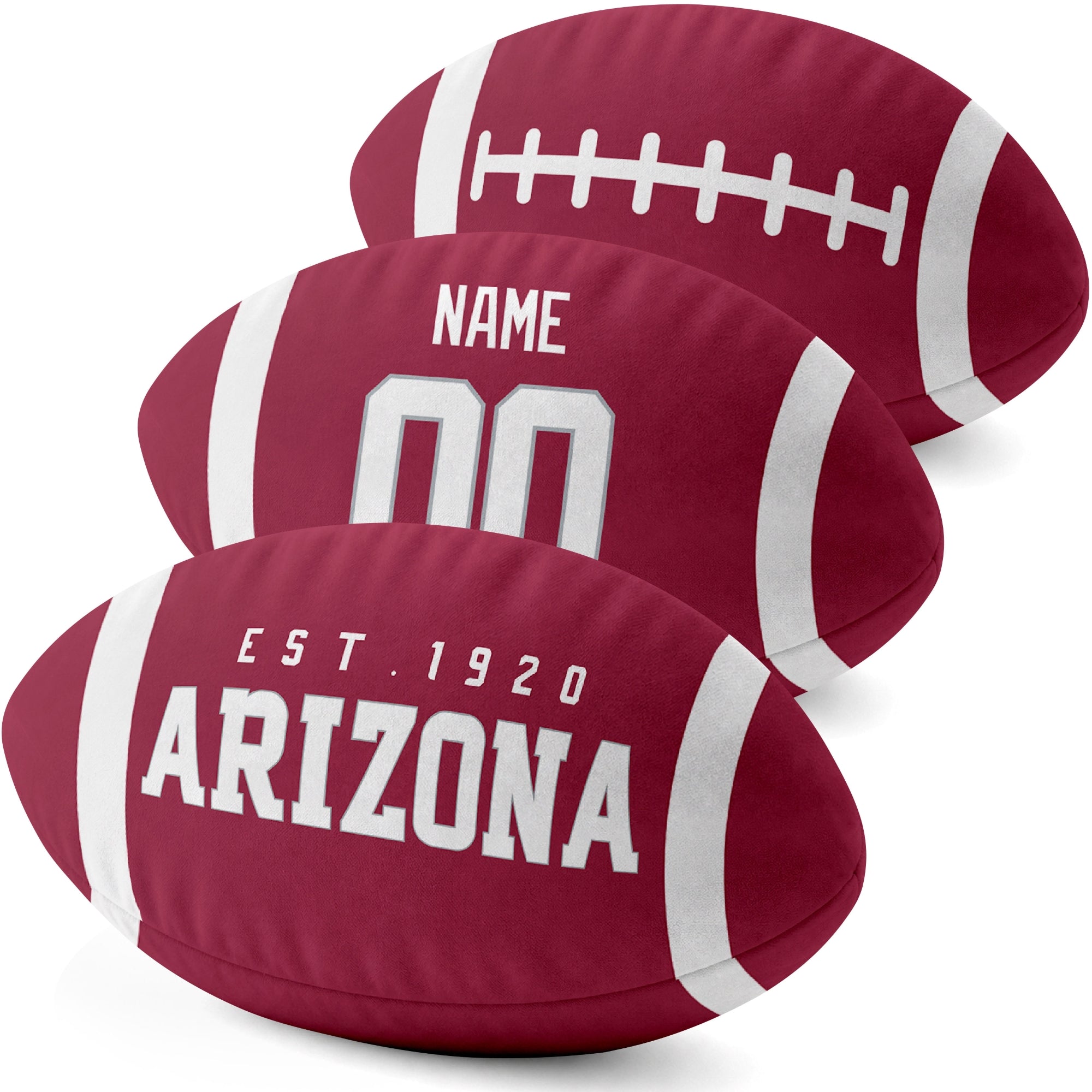 Arizona personalized football shaped pillow three color angle display with city side custom name number side and lace detail