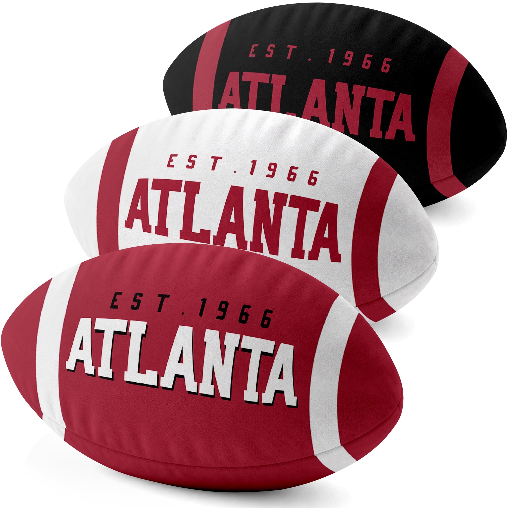 Atlanta personalized football shaped pillow collection in Red, White and Black with city lettering