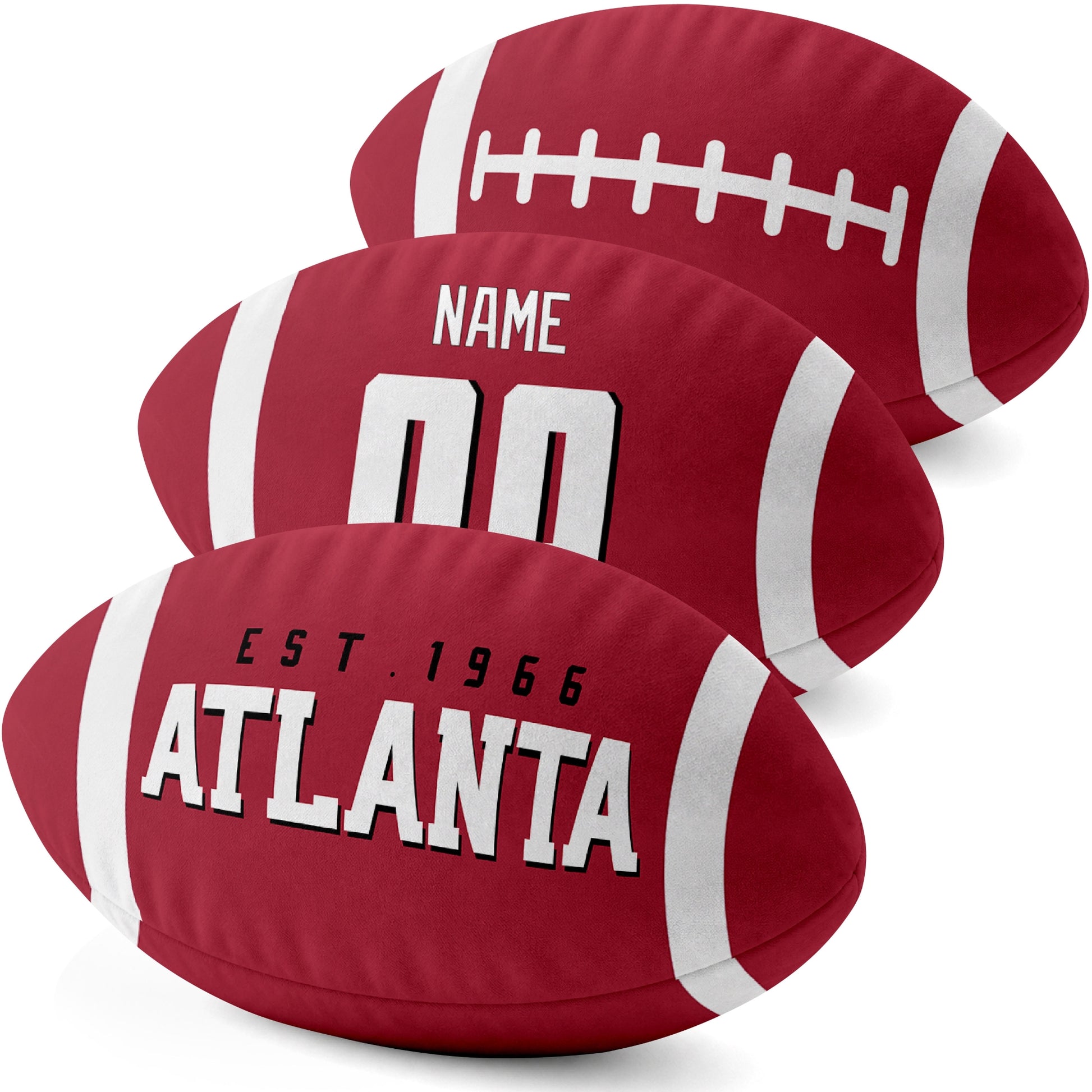 Atlanta personalized football shaped pillow three color angle display with city side custom name number side and lace detail