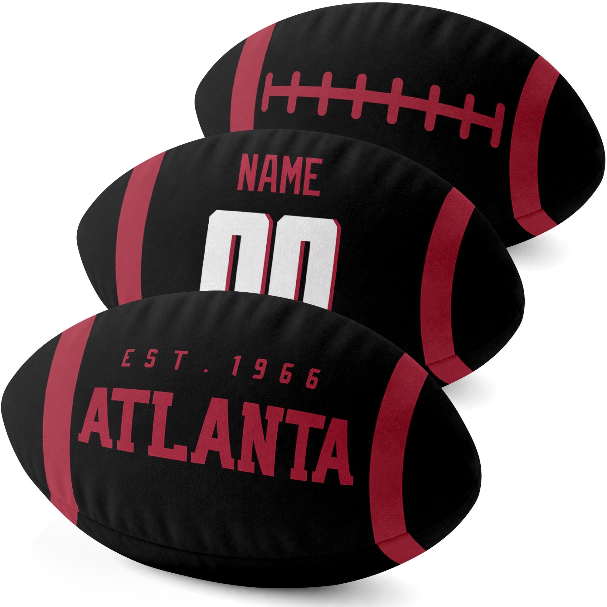 Atlanta personalized football pillow three color display highlighting the oval shape and contrasting end stripes