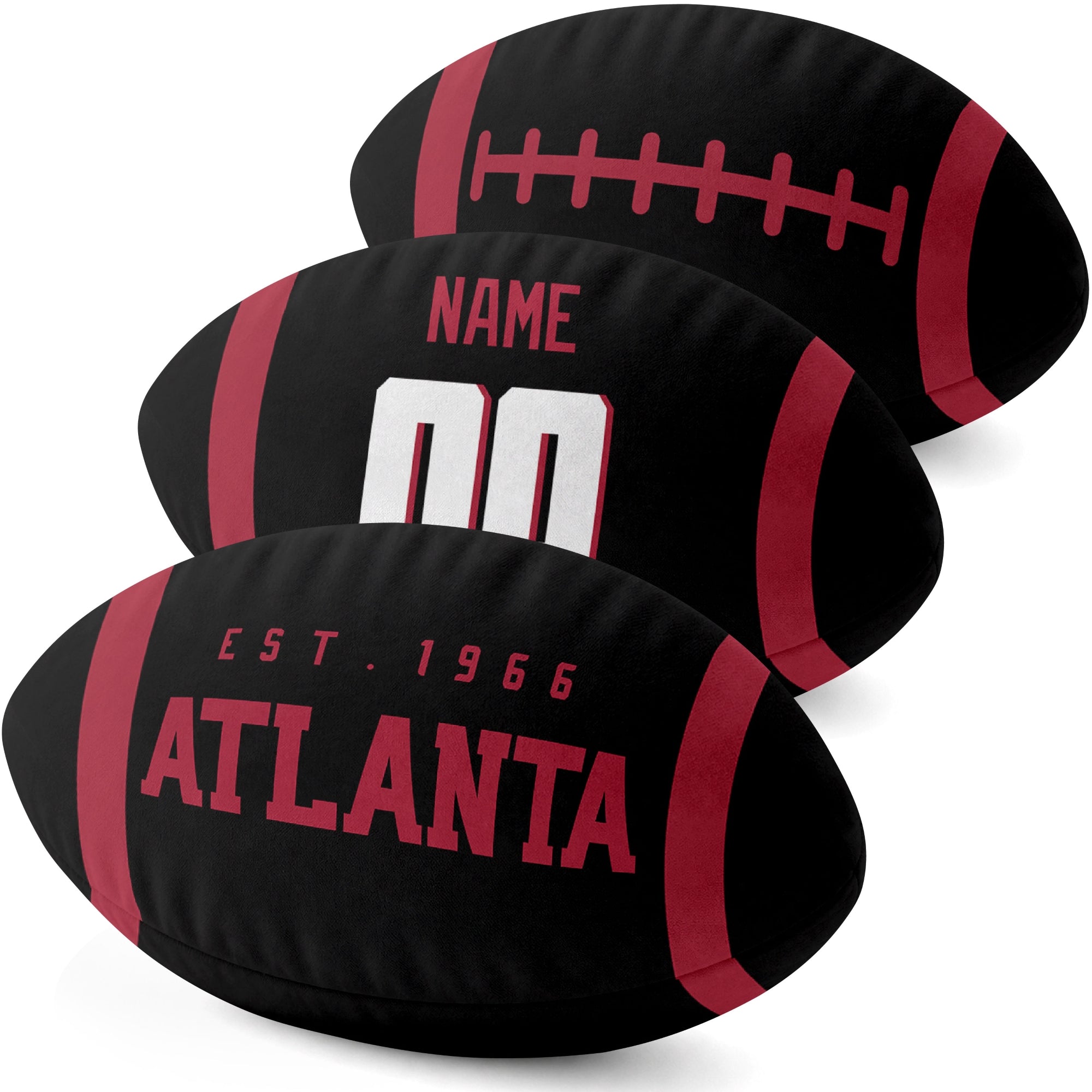 Atlanta personalized football pillow three color display highlighting the oval shape and contrasting end stripes