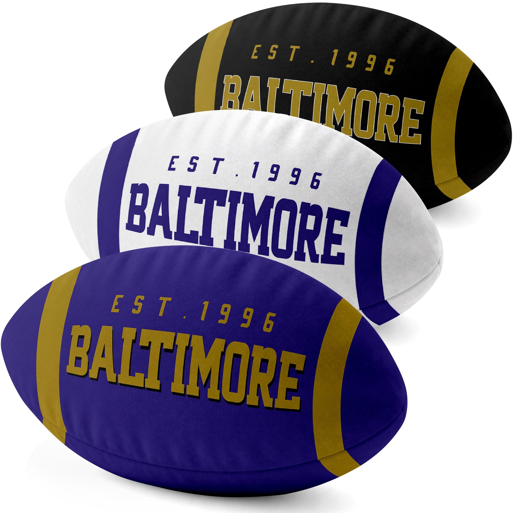 Baltimore personalized football shaped pillow collection in Purple, White and Black with city lettering