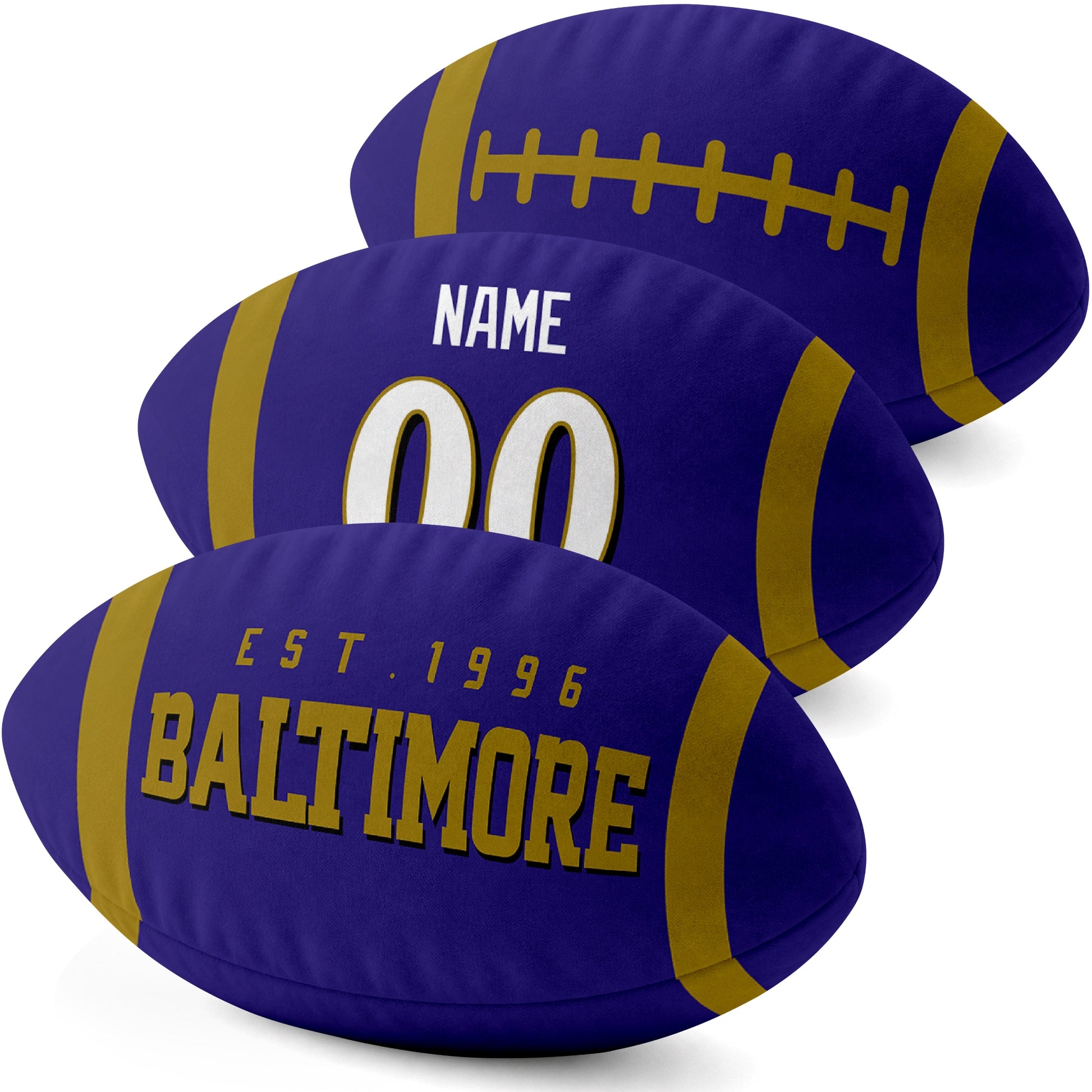 Baltimore personalized football shaped pillow three color angle display with city side custom name number side and lace detail