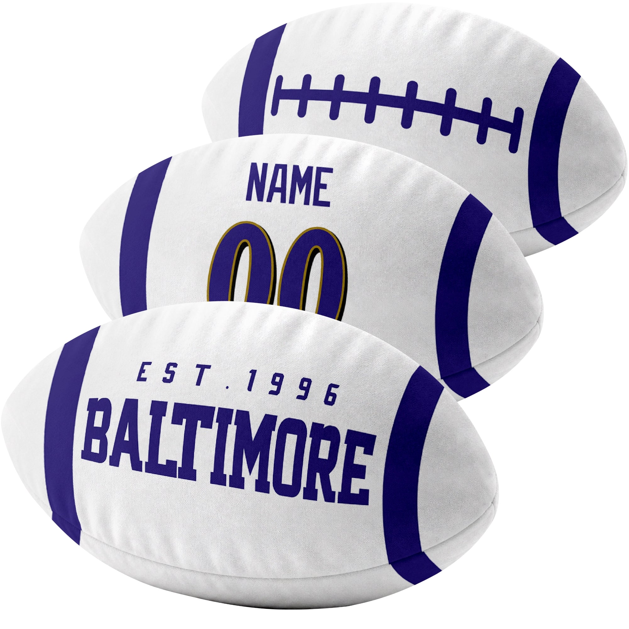 Baltimore custom football pillow multi angle comparison in Purple, White and Black