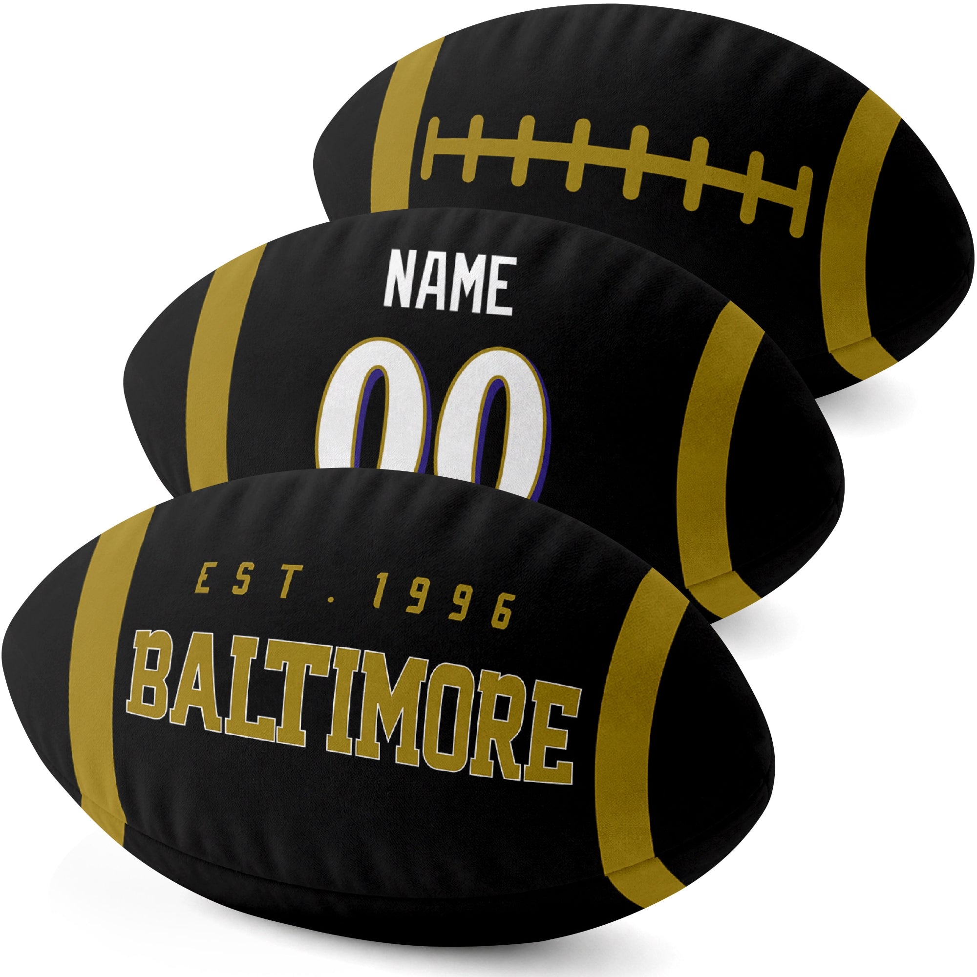 Baltimore personalized football pillow three color display highlighting the oval shape and contrasting end stripes