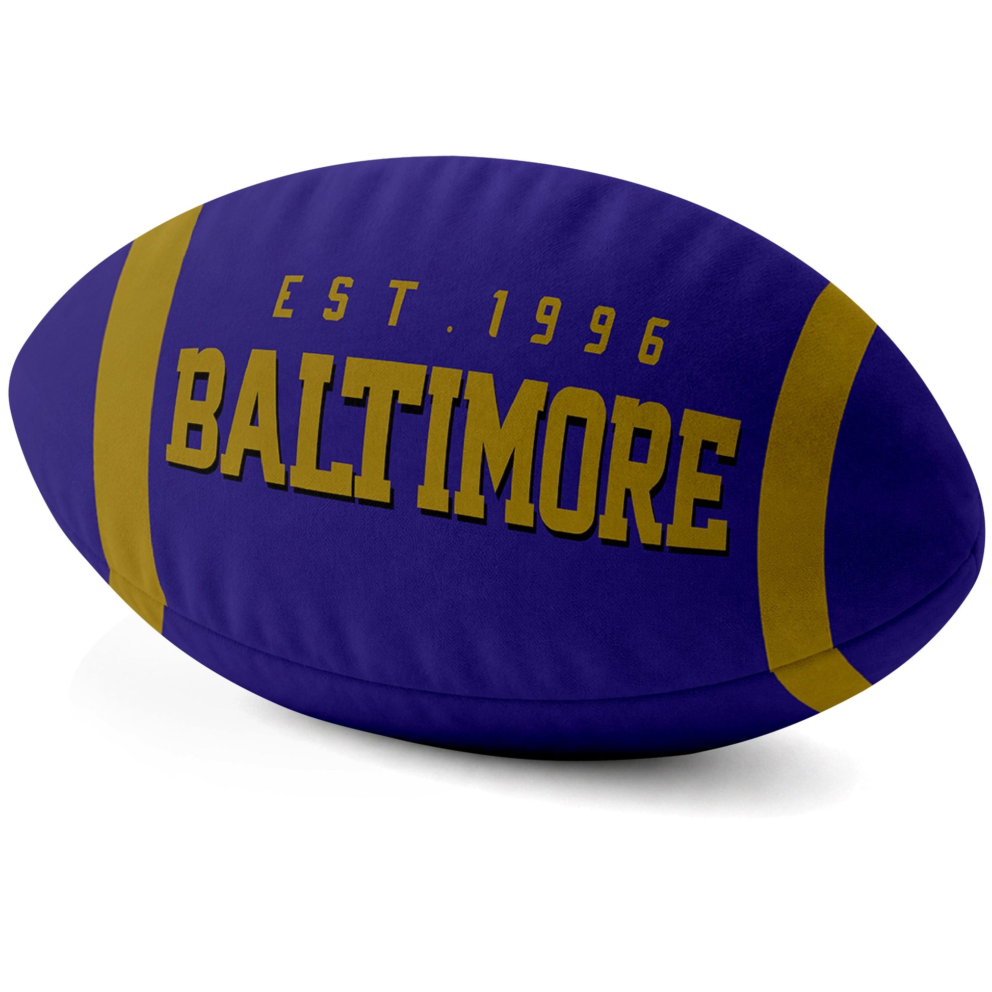 Baltimore Purple football shaped pillow city lettering side view