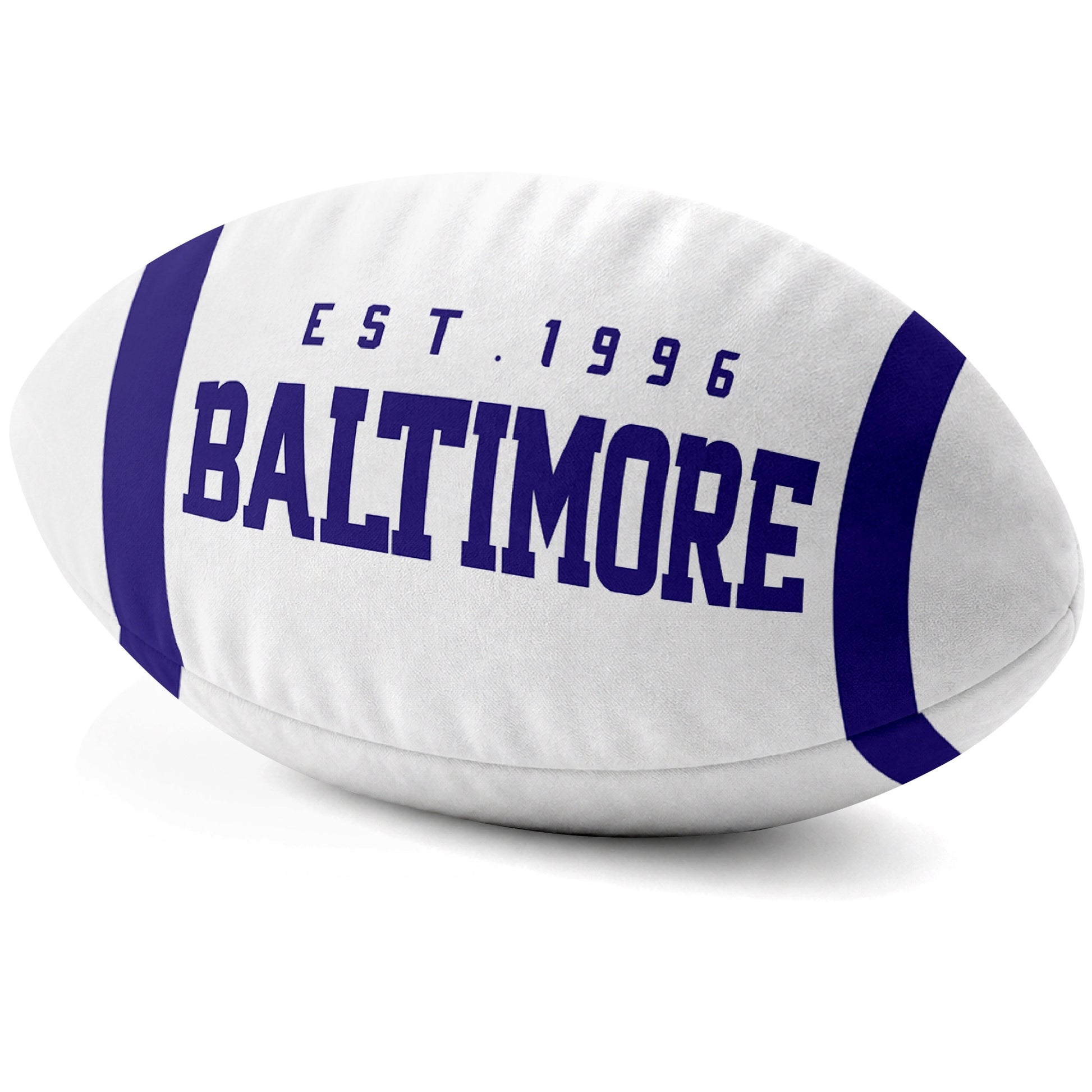 Baltimore White football shaped pillow city lettering side view
