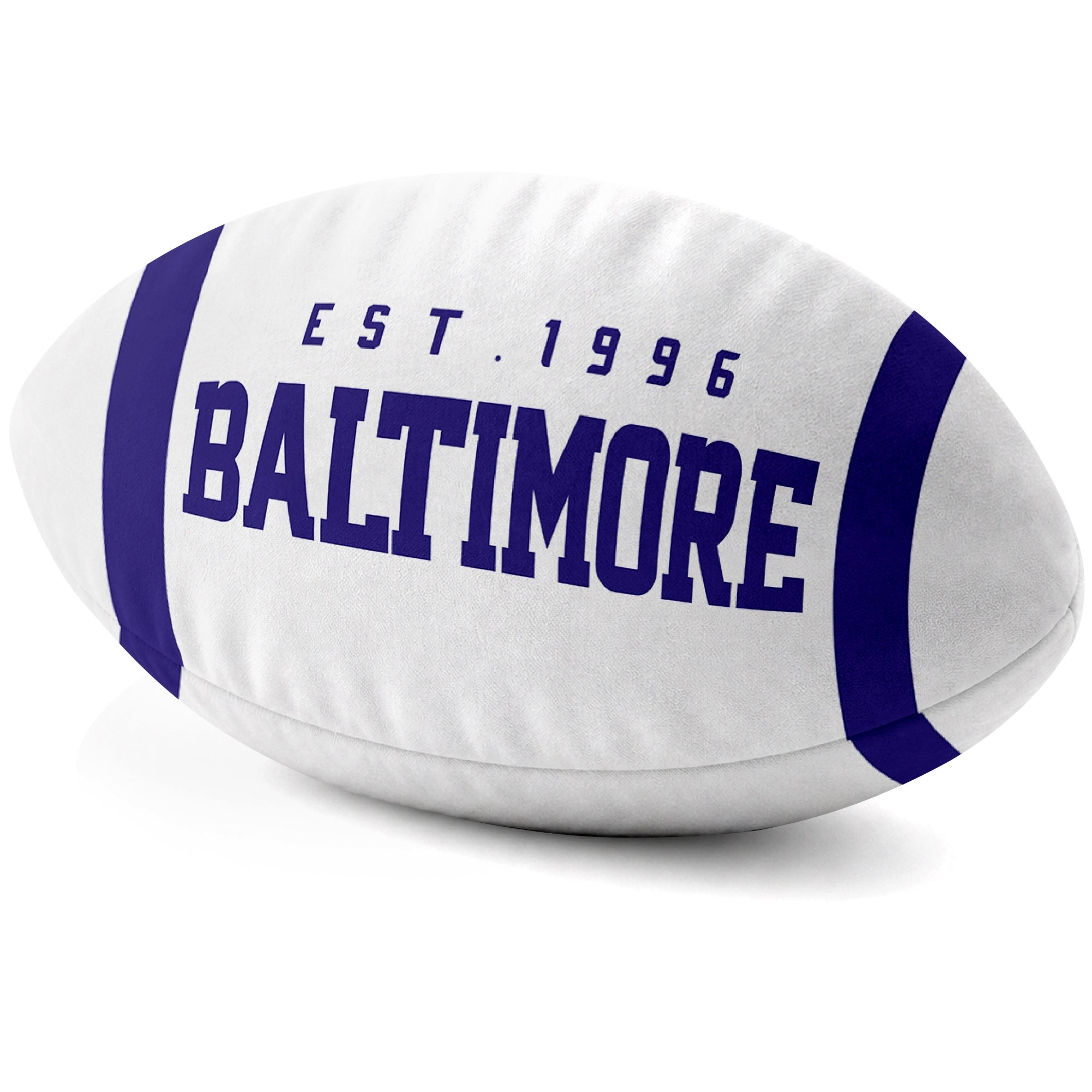 Baltimore White football shaped pillow city lettering side view