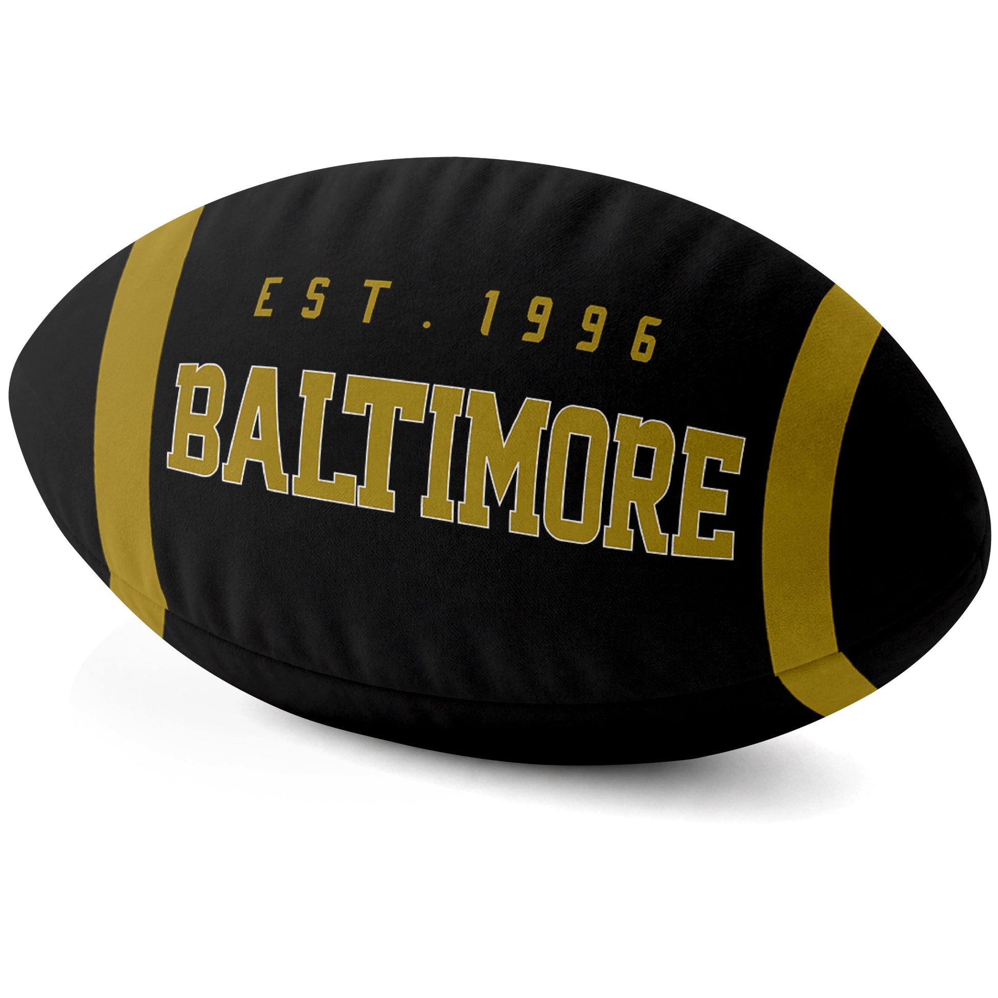 Baltimore Black football shaped pillow city lettering side view