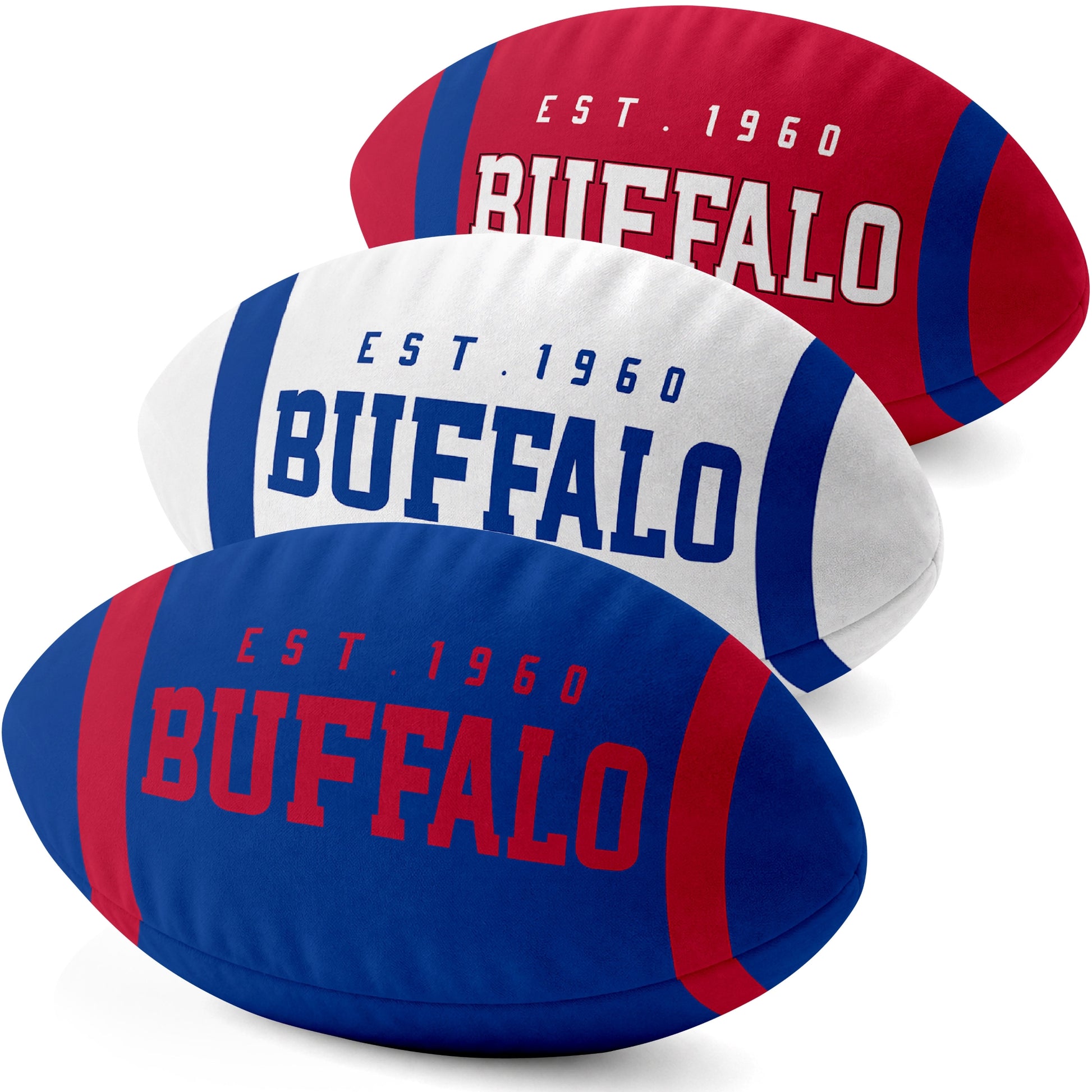 Buffalo personalized football shaped pillow collection in Royal, White and Red with city lettering