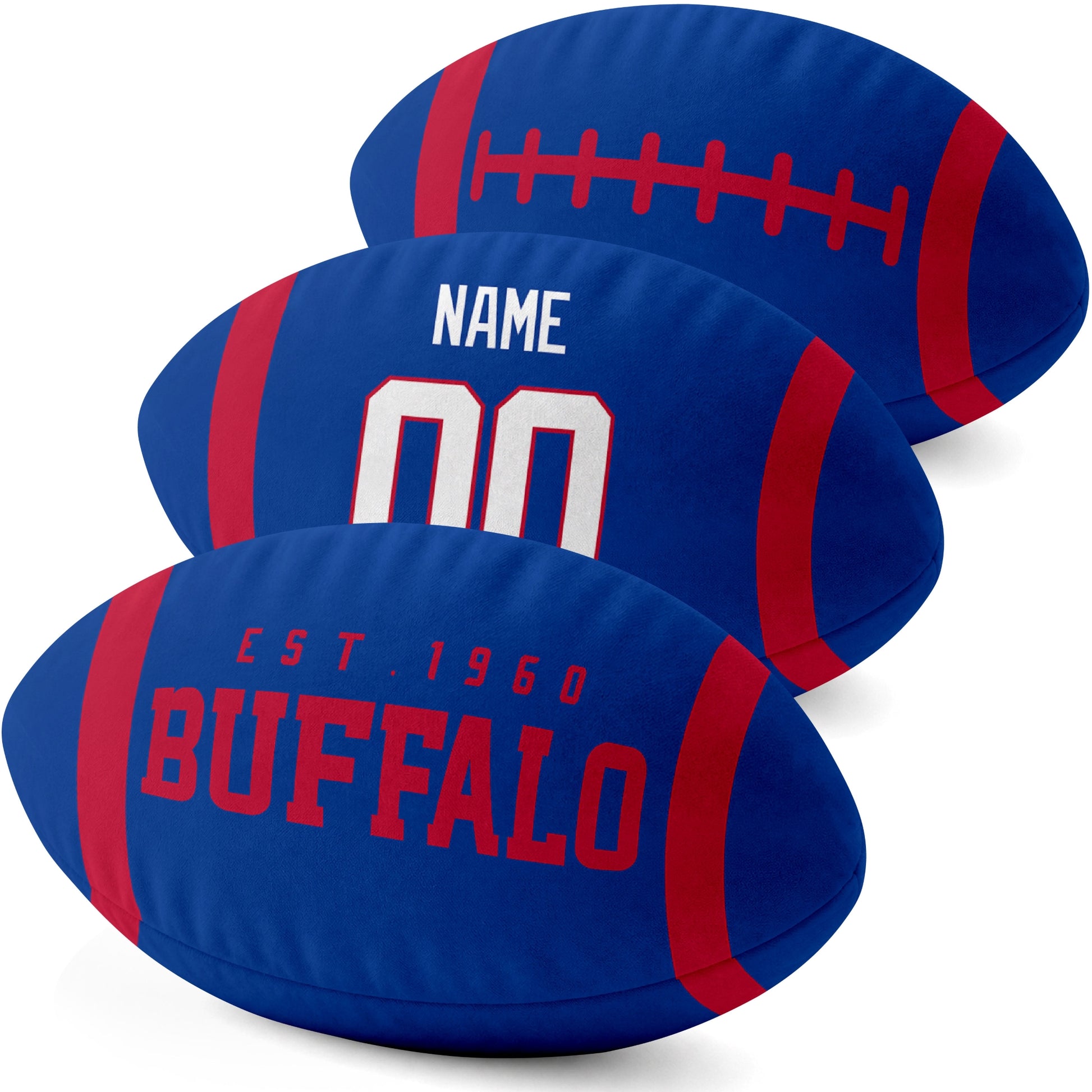 Buffalo personalized football shaped pillow three color angle display with city side custom name number side and lace detail