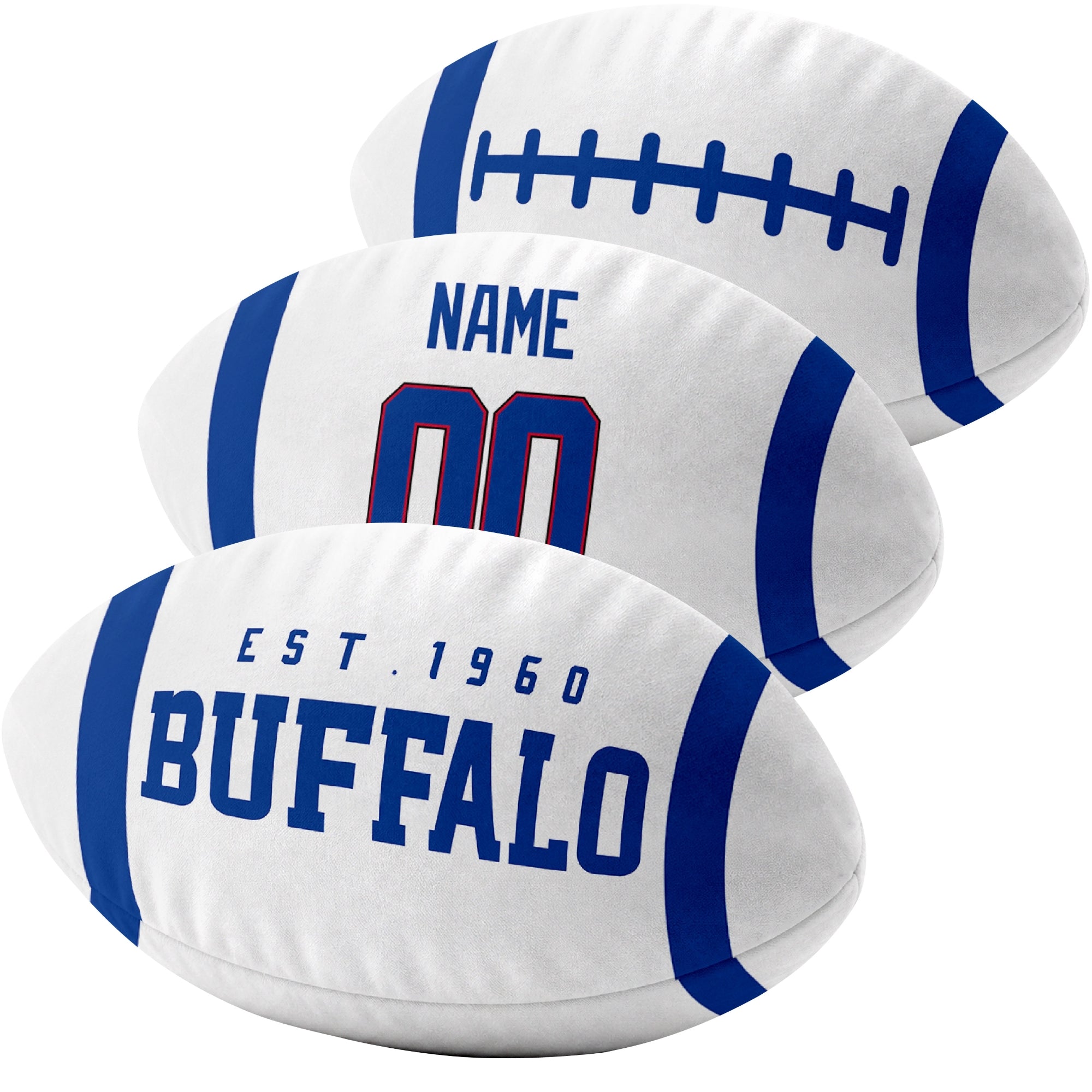 Buffalo custom football pillow multi angle comparison in Royal, White and Red