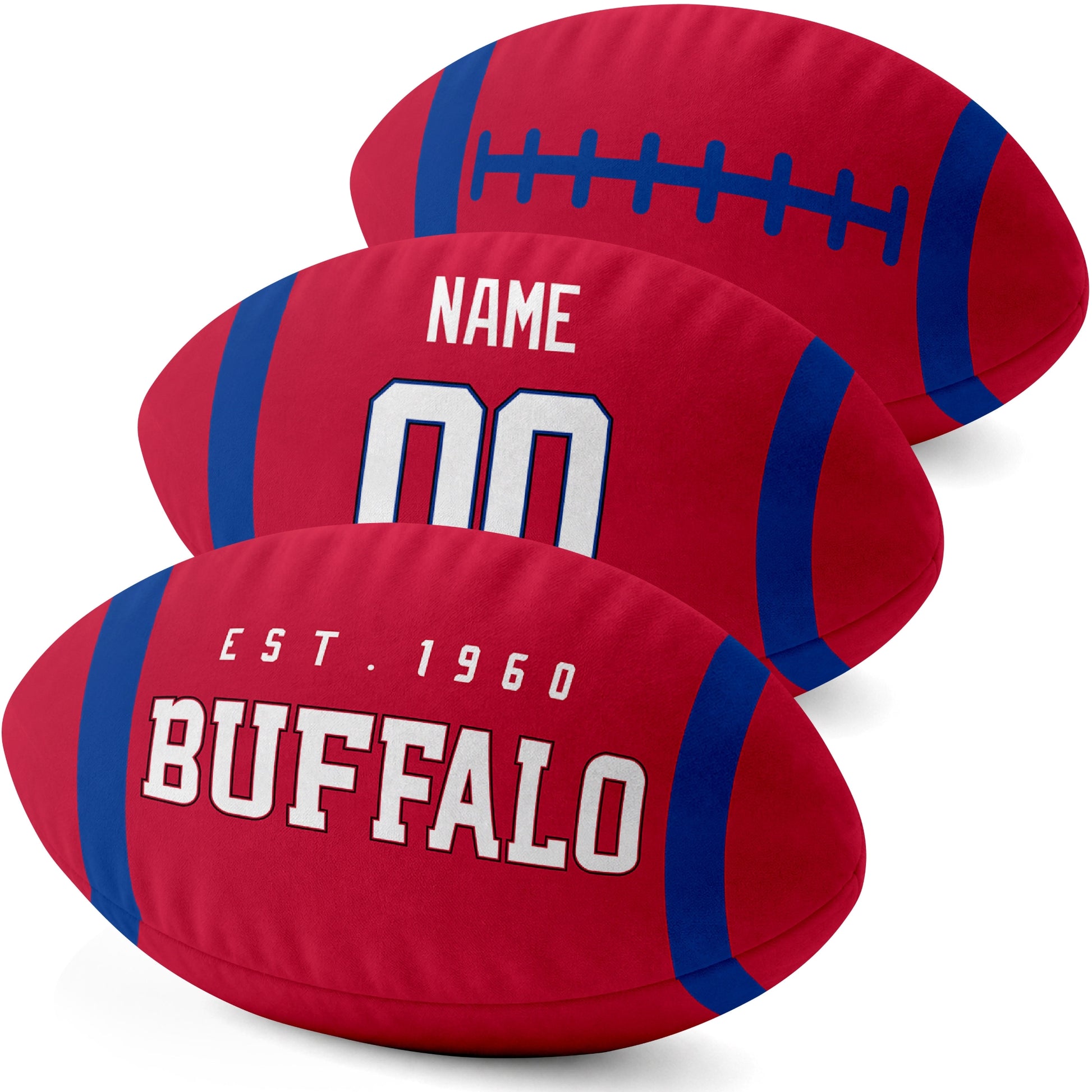 Buffalo personalized football pillow three color display highlighting the oval shape and contrasting end stripes