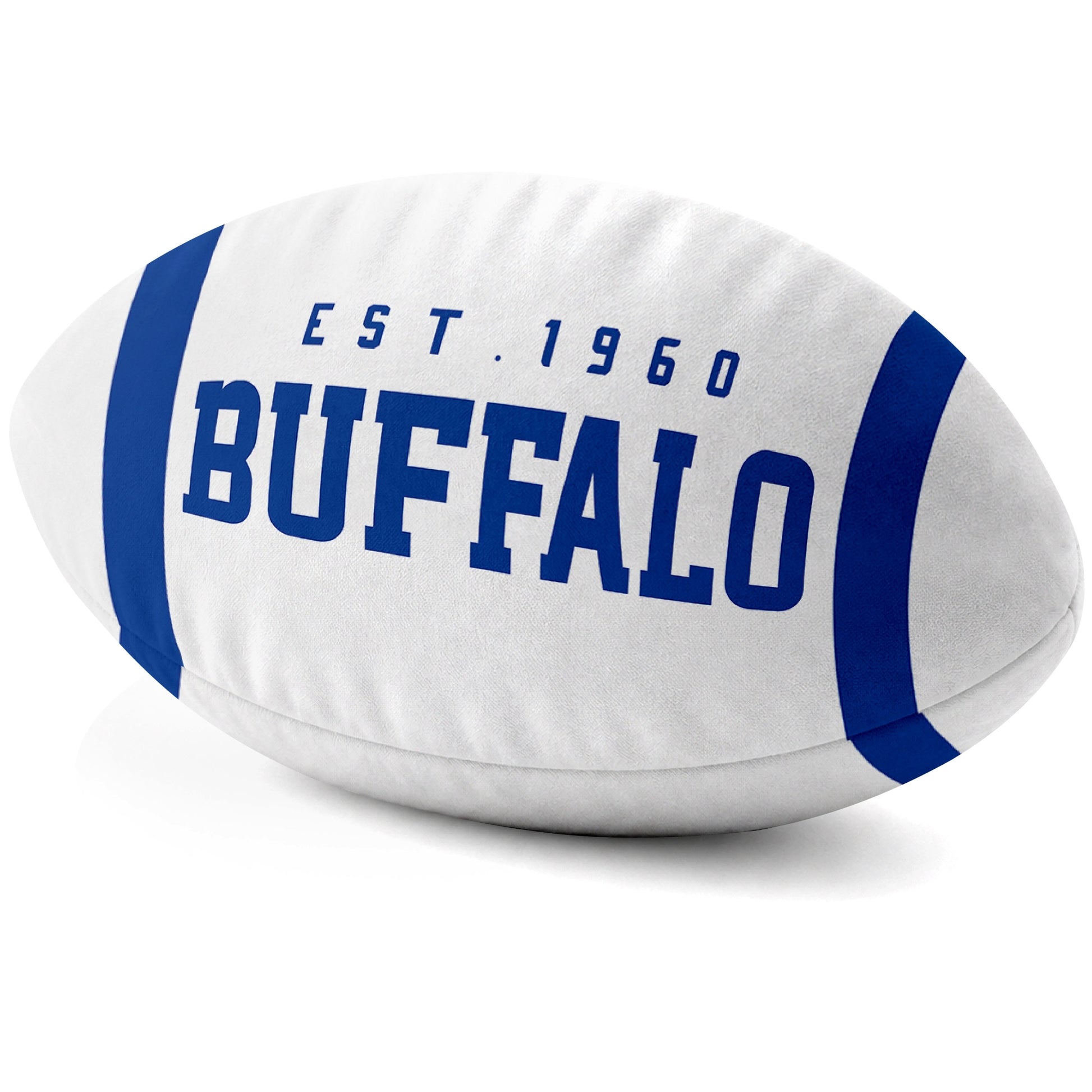 Buffalo White football shaped pillow city lettering side view
