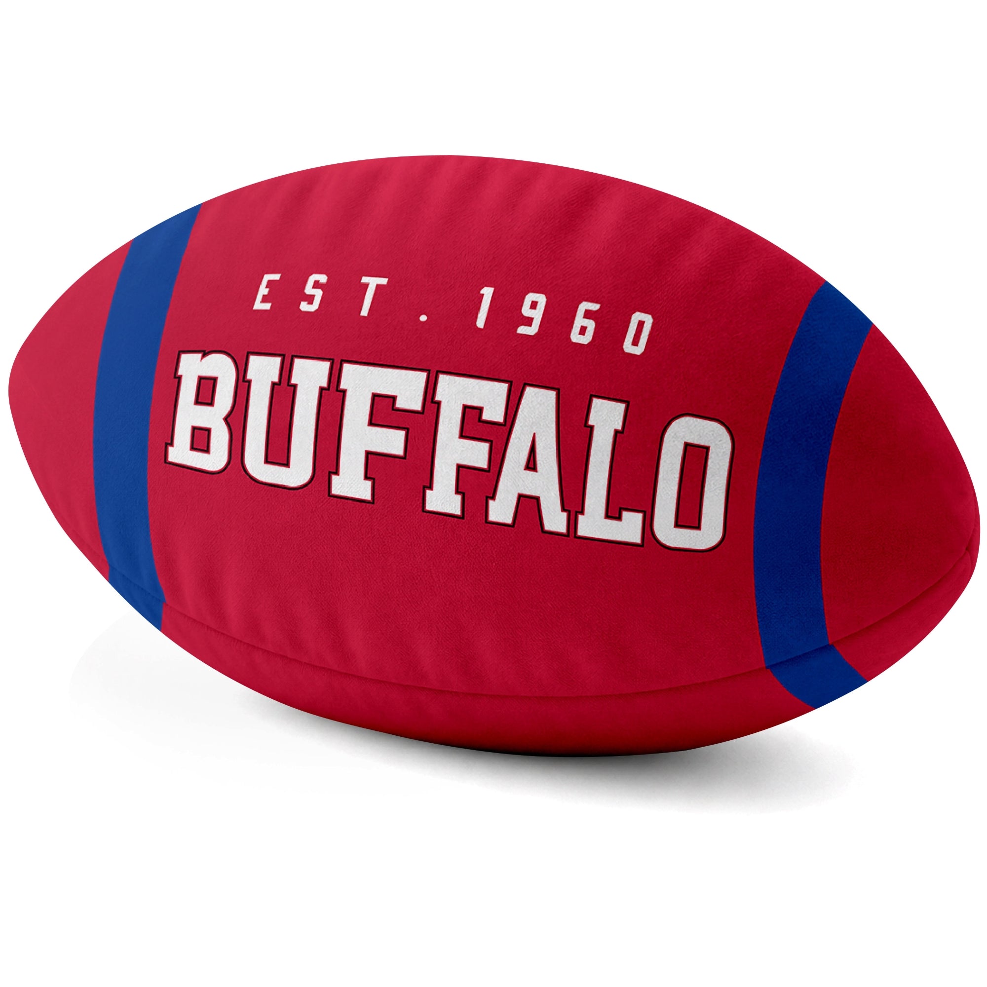 Buffalo Red football shaped pillow city lettering side view