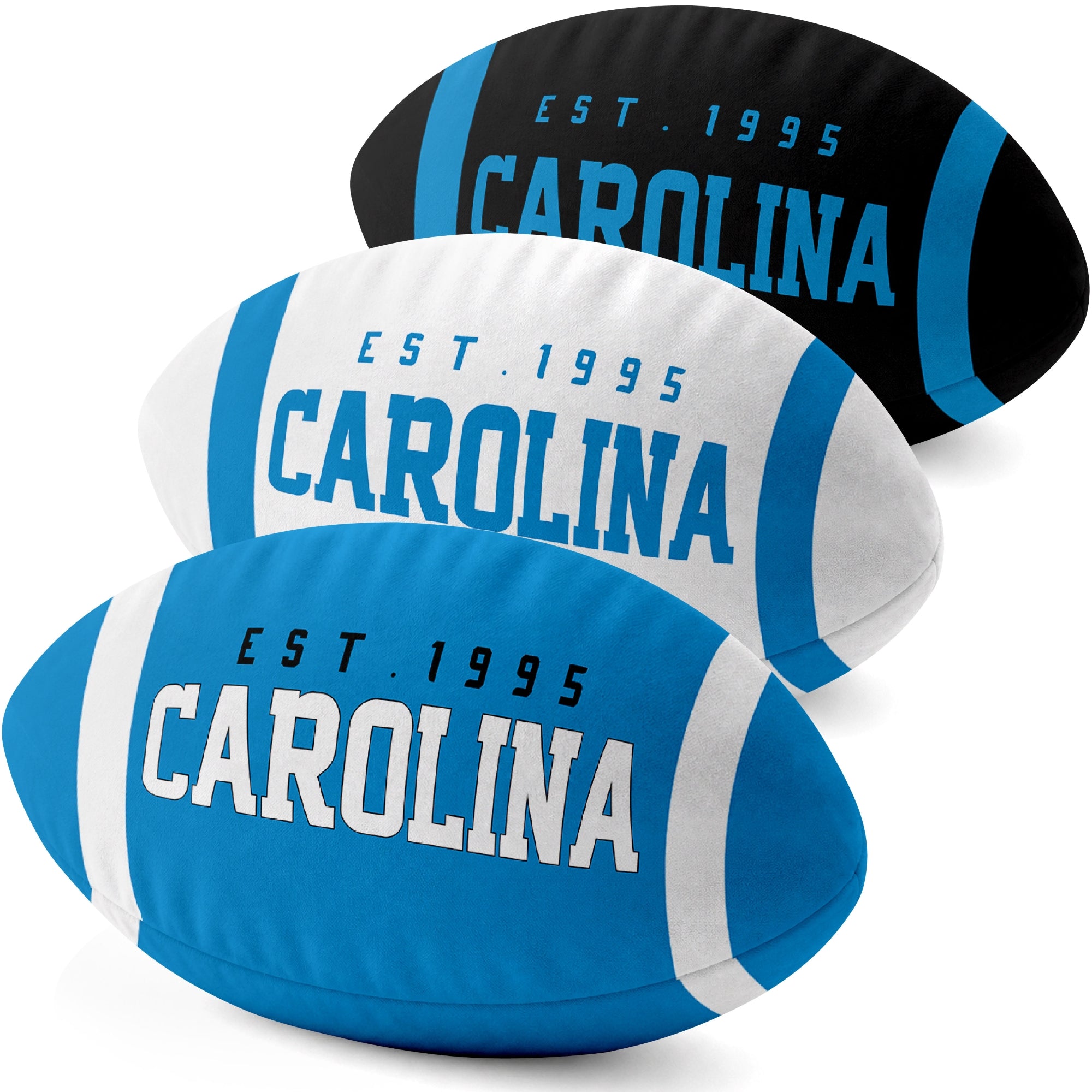 Carolina personalized football shaped pillow collection in Blue, White and Black with city lettering