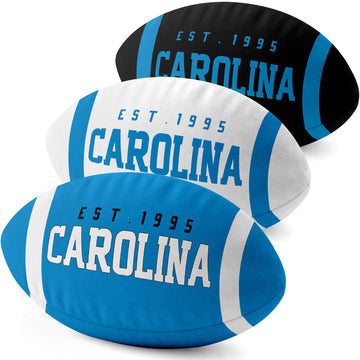 Carolina personalized football shaped pillow collection in Blue, White and Black with city lettering