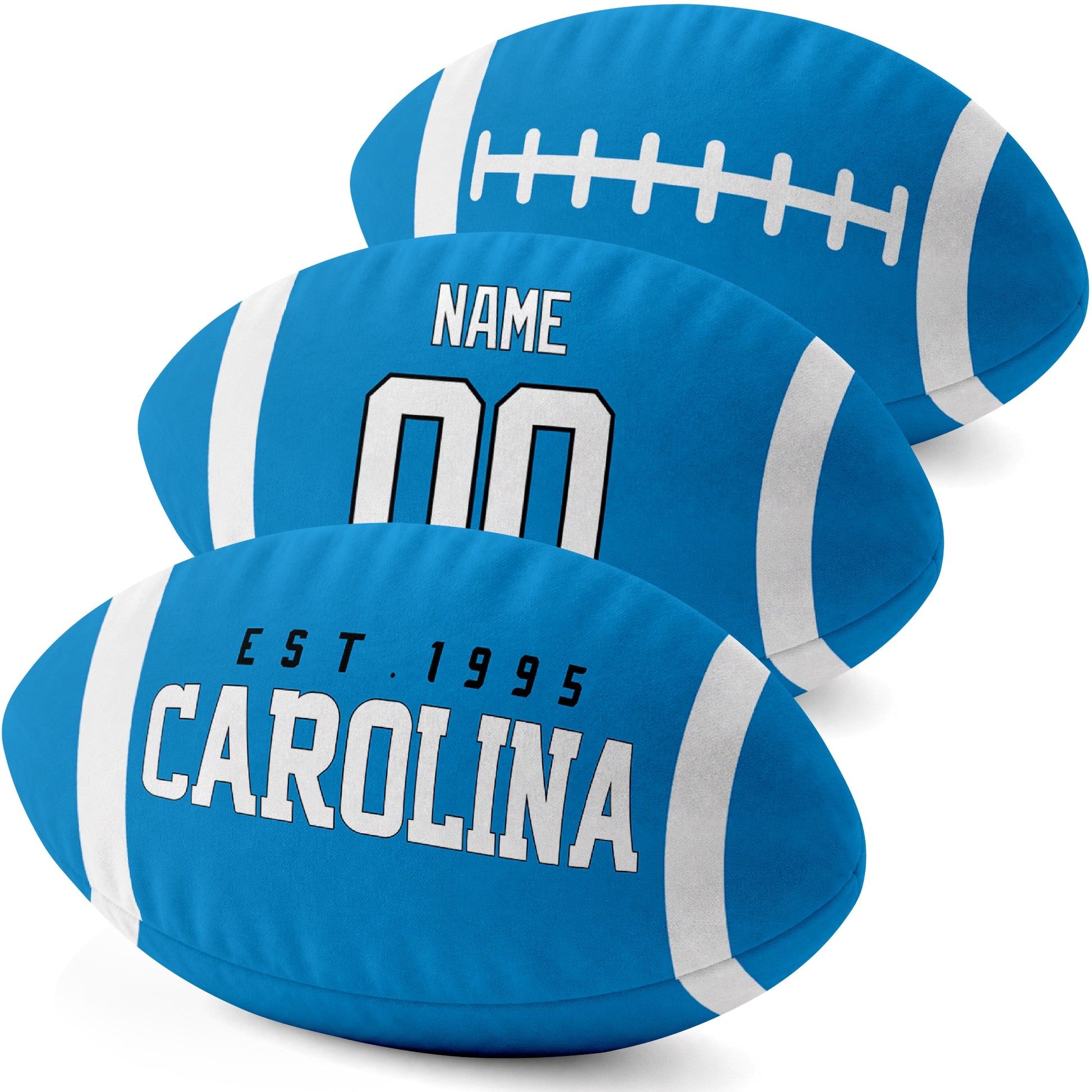 Carolina personalized football shaped pillow three color angle display with city side custom name number side and lace detail