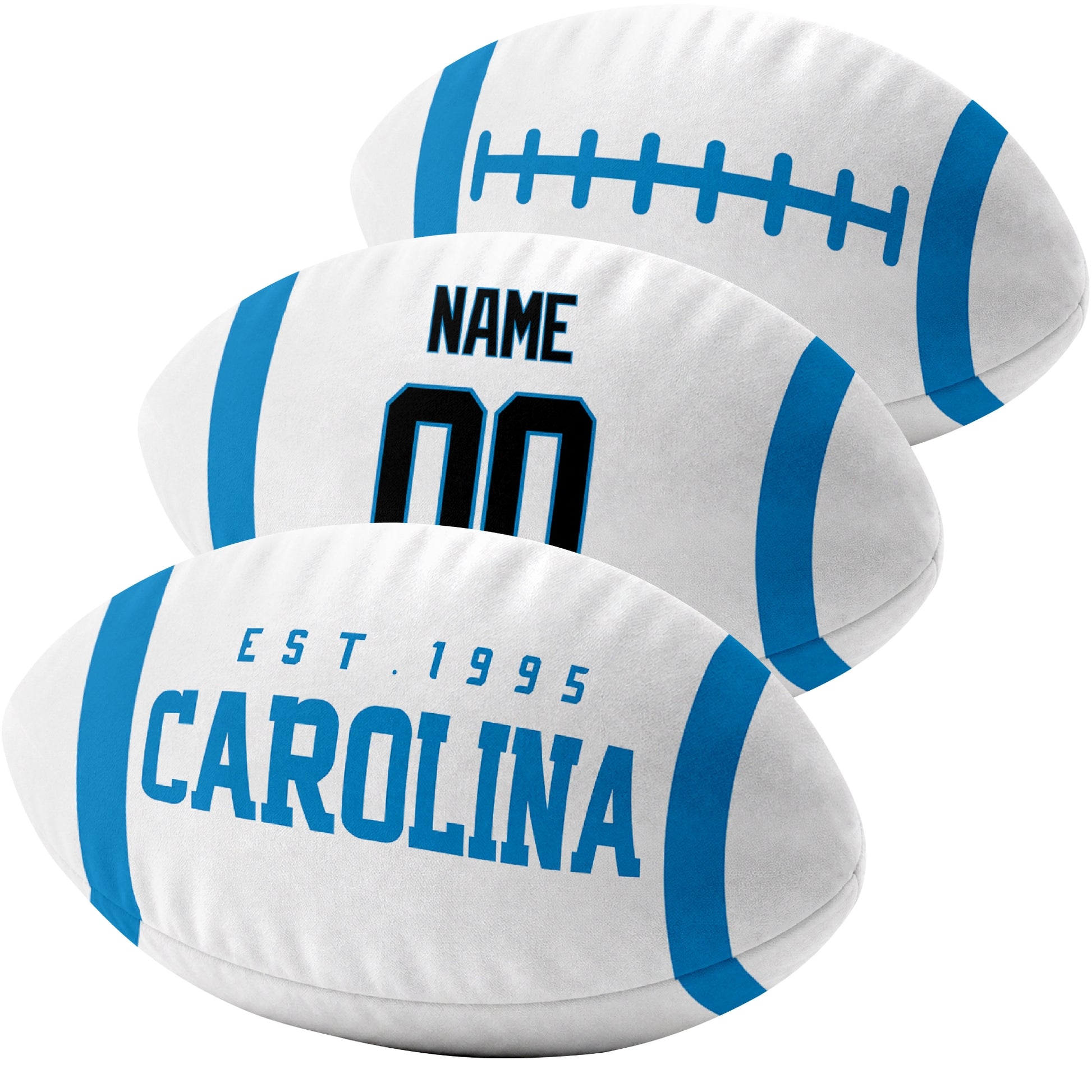 Carolina custom football pillow multi angle comparison in Blue, White and Black