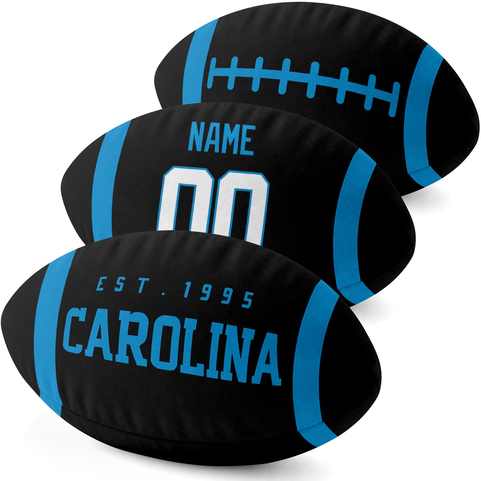 Carolina personalized football pillow three color display highlighting the oval shape and contrasting end stripes