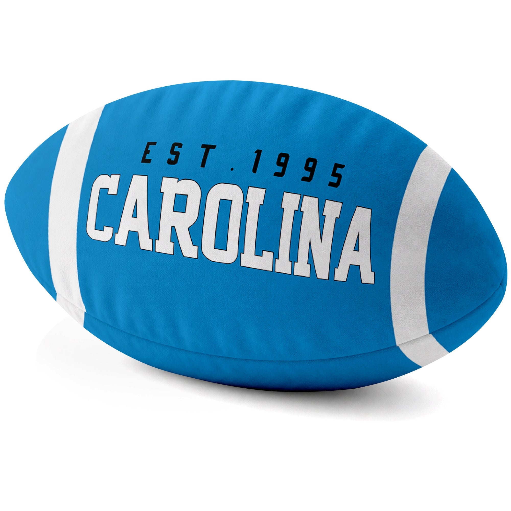 Carolina Blue football shaped pillow city lettering side view