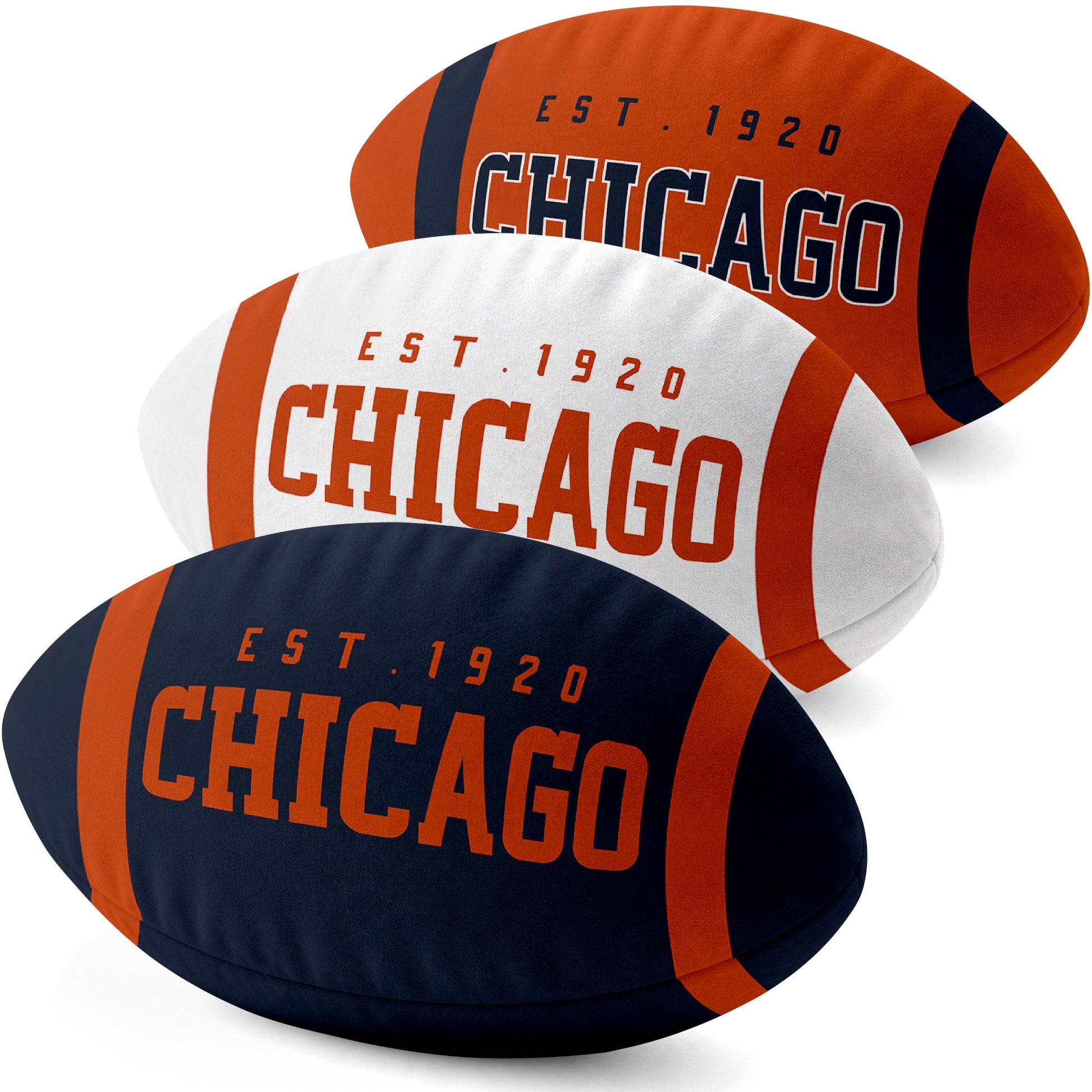 Chicago personalized football shaped pillow collection in Navy, White and Orange with city lettering