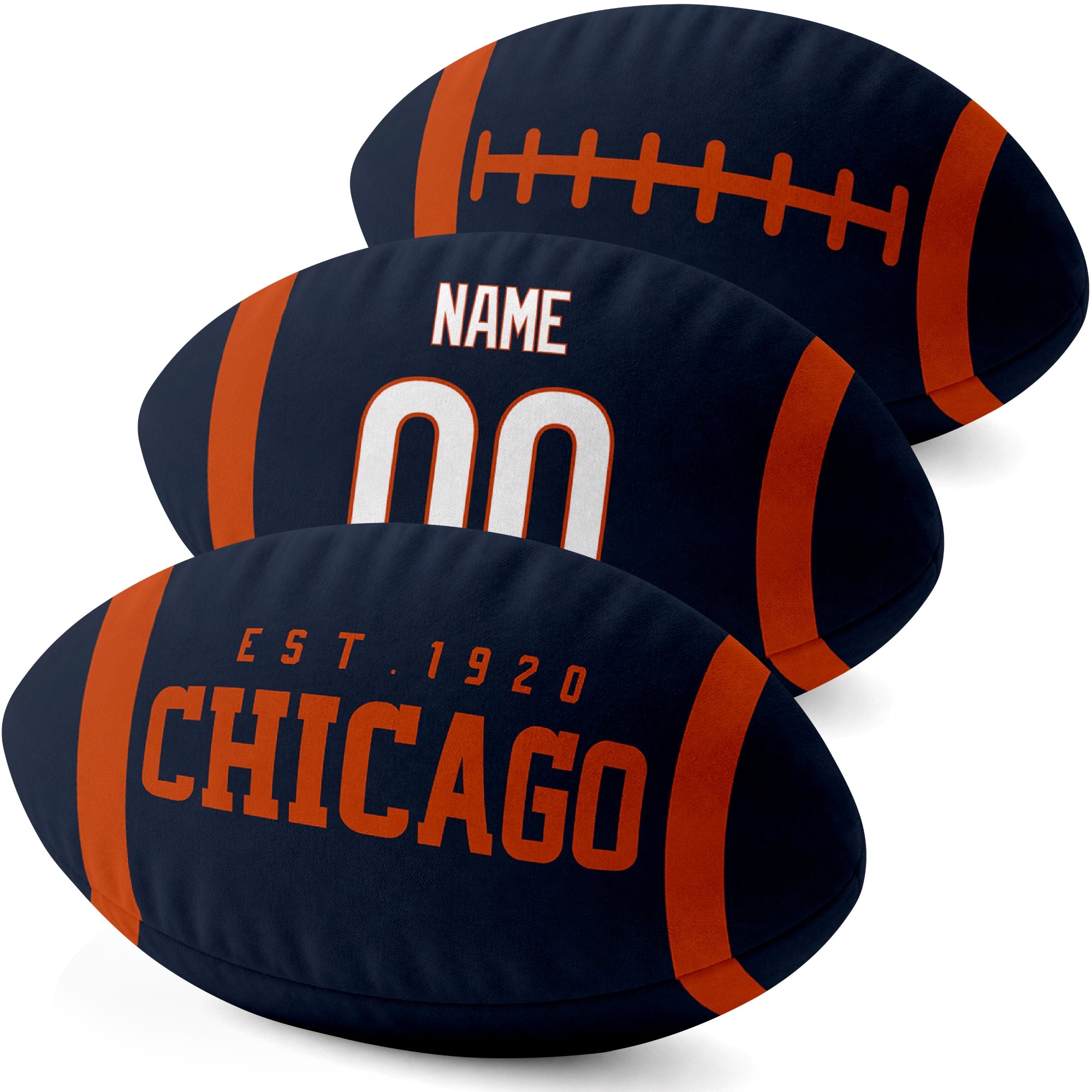 Chicago personalized football shaped pillow three color angle display with city side custom name number side and lace detail