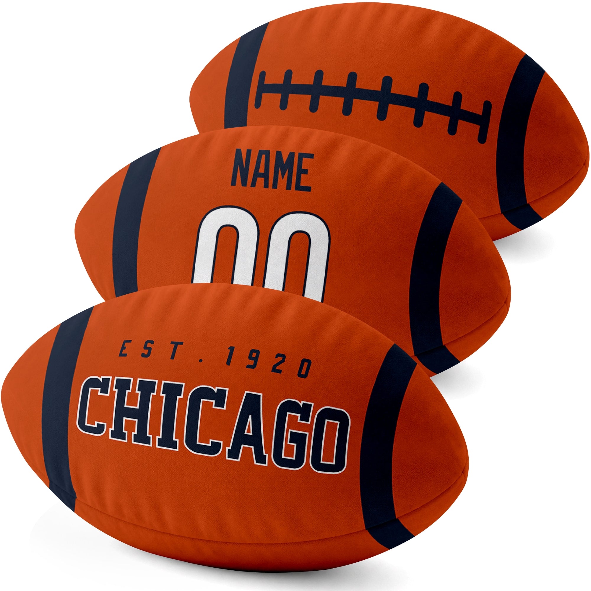 Chicago personalized football pillow three color display highlighting the oval shape and contrasting end stripes