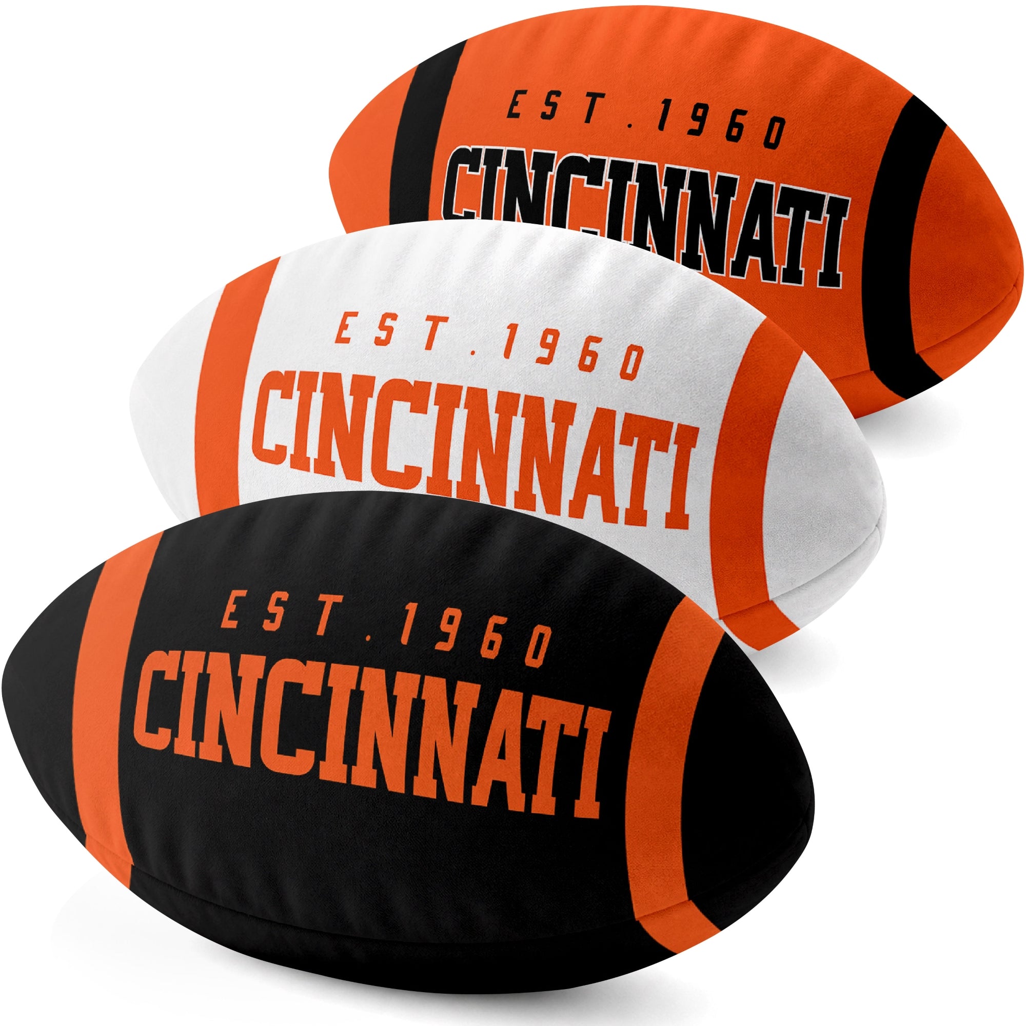 Cincinnati personalized football shaped pillow collection in Black, White and Orange with city lettering